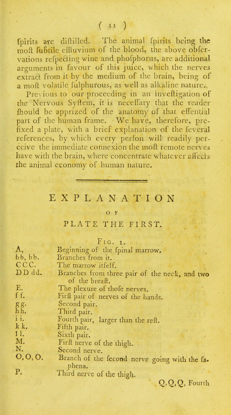 ipirits are didillcd. The animal Ipirits being the moll fuBdle cflliivium of the blood, the above obfer- vations refpefting wine and phofphorus, are additional aro-uments in favour of this juice, which the nerves extracl from it by the medium of the brain, being of a moft volatile fulphurous, as well as alkaline nature.. Previous to our proceeding in an invelligation of die Nervous Syftem, it is neceflary that the reader fhould be apprized of the anatomy of that effential part of the human frame. We have, therefore, pre- fixed a plate, with a brief explanation of the feyeral references, by which every perfon will readily per- ceive the immediate connexion the mofl; remote nerves have with the brain, where concentrate wha.tever affects the animal economy of human nature. EXPLANATION O F PLATE THE FIRST. Fig. 1. Beginning of die fpinal marrow. Branches from it. The marrow itfelf. Branches from three pair of die neck, and two of the breaft. The plexure of thofe nerves. Firft pair of nerves of the hands. Second pair. Third pair. Fourth pair, larger than the reft. Fifth pair. Sixth pair. Fir ft nerve of the thigh. Second nerve. Branch of the fecond nerve going with the fa- phena. Third nerve of the thigli. Q,Q,Q, Fom(h A, bb, bb. CCC. DD dd. E. f f. hh. i i. 1 1. M. N. o.o, o. p.