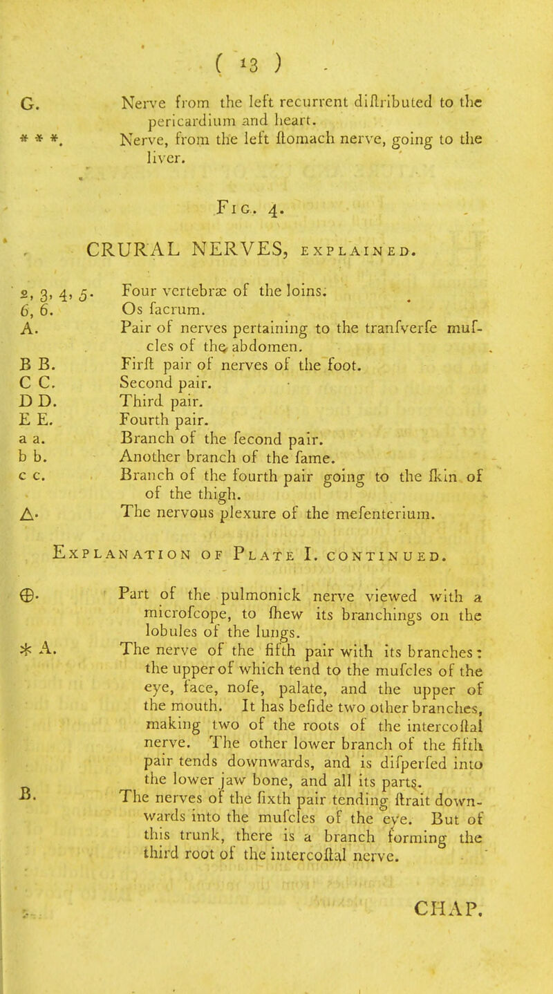 ( «3 ) G. Nerve from the left recurrent diRribuLecI to the pericardium and heart. * * *. Nerve, from the left ftomach nerve, going to tiie liver. Fig. 4. CRURAL NERVES, explained. 2, 3, 4, 5. Four vertebrae of the loins. 6, 6. Os facrura. A. Pair of nerves pertaining to the tranfverfe muf- cles of thQ. abdomen. B B. Firfl pair of nerves of the foot. C C. Second pair. D D. Third pair, E E. Fourth pair, a a. Branch of the fecond pair, b b. Another branch of the fame, c c. Branch of the fourth pair going to the flcln of of the thigh. A* The nervous plexure of the mefenterium. Explanation of Plate I. continued. ®' Part of the pulmonick nerve viewed with a microfcope, to fhew its branchings on the lobules of the lungs. * A. The nerve of the fifth pair with its branches: the upper of which tend to the mufcles of the eye, face, nofe, palate, and the upper of the mouth. It has befide two other branches, making two of the roots of the intercoftal nerve. The other lower branch of the fifth pair tends downwards, and is dlfperfed into the lower jaw bone, and all its part§. ^- The nerves of the fixth pair tending ftrait down- wards into the mufcles of the eve. But of this trunk, there is a branch forming the third root of the intercoftal nerve. CHAP. I
