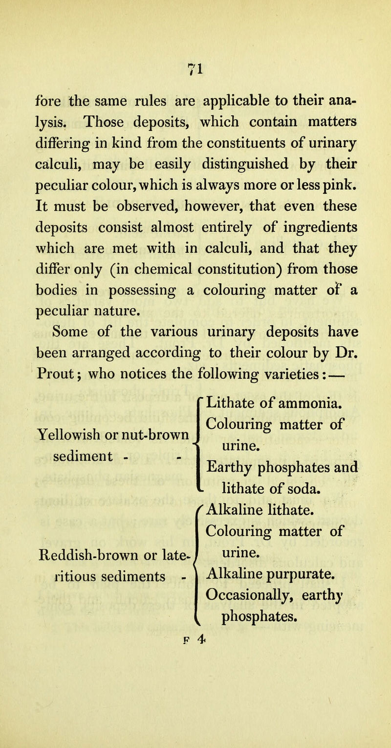 fore the same rules are applicable to their ana- lysis. Those deposits, which contain matters differing in kind from the constituents of urinary calculi, may be easily distinguished by their peculiar colour, which is always more or less pink. It must be observed, however, that even these deposits consist almost entirely of ingredients which are met with in calculi, and that they differ only (in chemical constitution) from those bodies in possessing a colouring matter of a peculiar nature. Some of the various urinary deposits have been arranged according to their colour by Dr. Prout; who notices the following varieties: — Lithate of ammonia. Colouring matter of urine. Earthy phosphates and lithate of soda. ^Alkaline lithate. Colouring matter of urine. Alkaline purpurate. Occasionally, earthy phosphates. F 4 Yellowish or nut-brown sediment - Reddish-brown or late- ritious sediments -