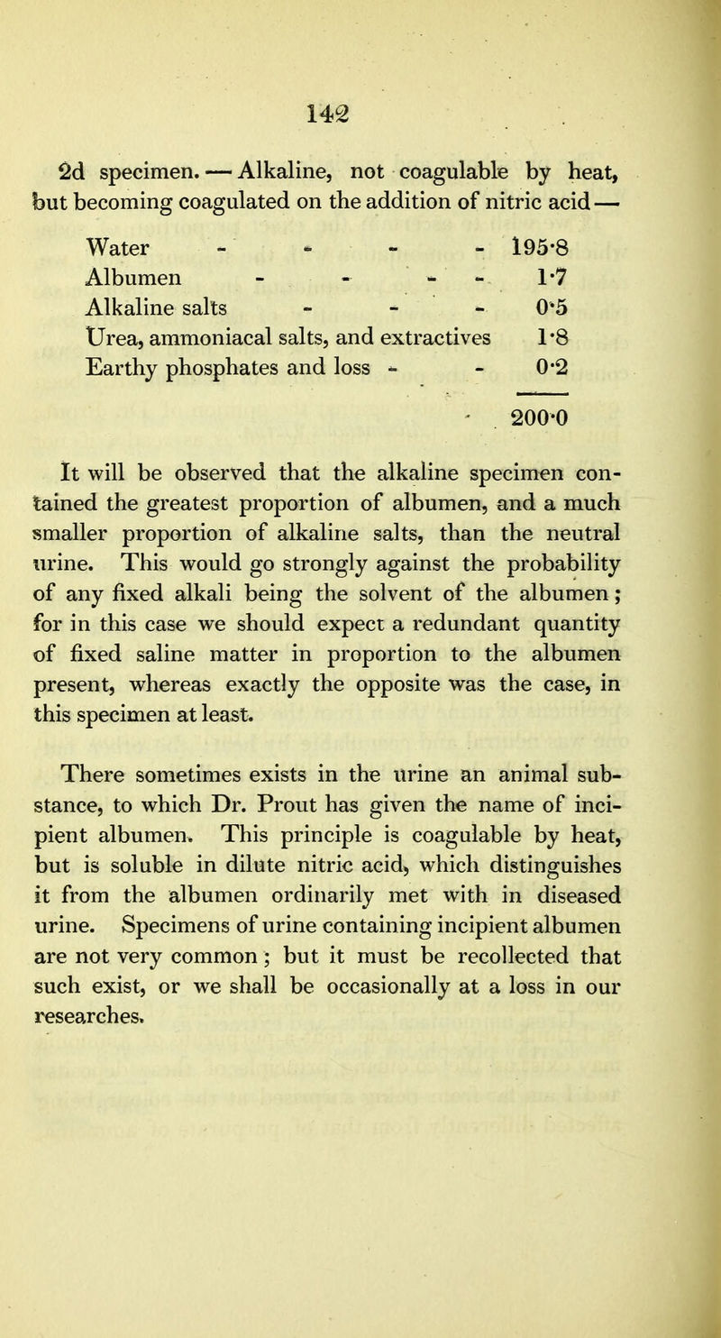 2d specimen. — Alkaline, not coagulable by heat, but becoming coagulated on the addition of nitric acid — Water - . - . 195-8 Albumen - - * - 1 -7 Alkaline salts - - - 0*5 Urea, ammoniacal salts, and extractives 1*8 Earthy phosphates and loss - 0*2 200-0 It will be observed that the alkaline specimen con- tained the greatest proportion of albumen, and a much smaller proportion of alkaline salts, than the neutral urine. This would go strongly against the probability of any fixed alkali being the solvent of the albumen; for in this case we should expect a redundant quantity of fixed saline matter in proportion to the albumen present, whereas exactly the opposite was the case, in this specimen at least. There sometimes exists in the urine an animal sub- stance, to which Dr. Prout has given the name of inci- pient albumen. This principle is coagulable by heat, but is soluble in dilute nitric acid, which distinguishes it from the albumen ordinarily met with in diseased urine. Specimens of urine containing incipient albumen are not very common; but it must be recollected that such exist, or we shall be occasionally at a loss in our researches*