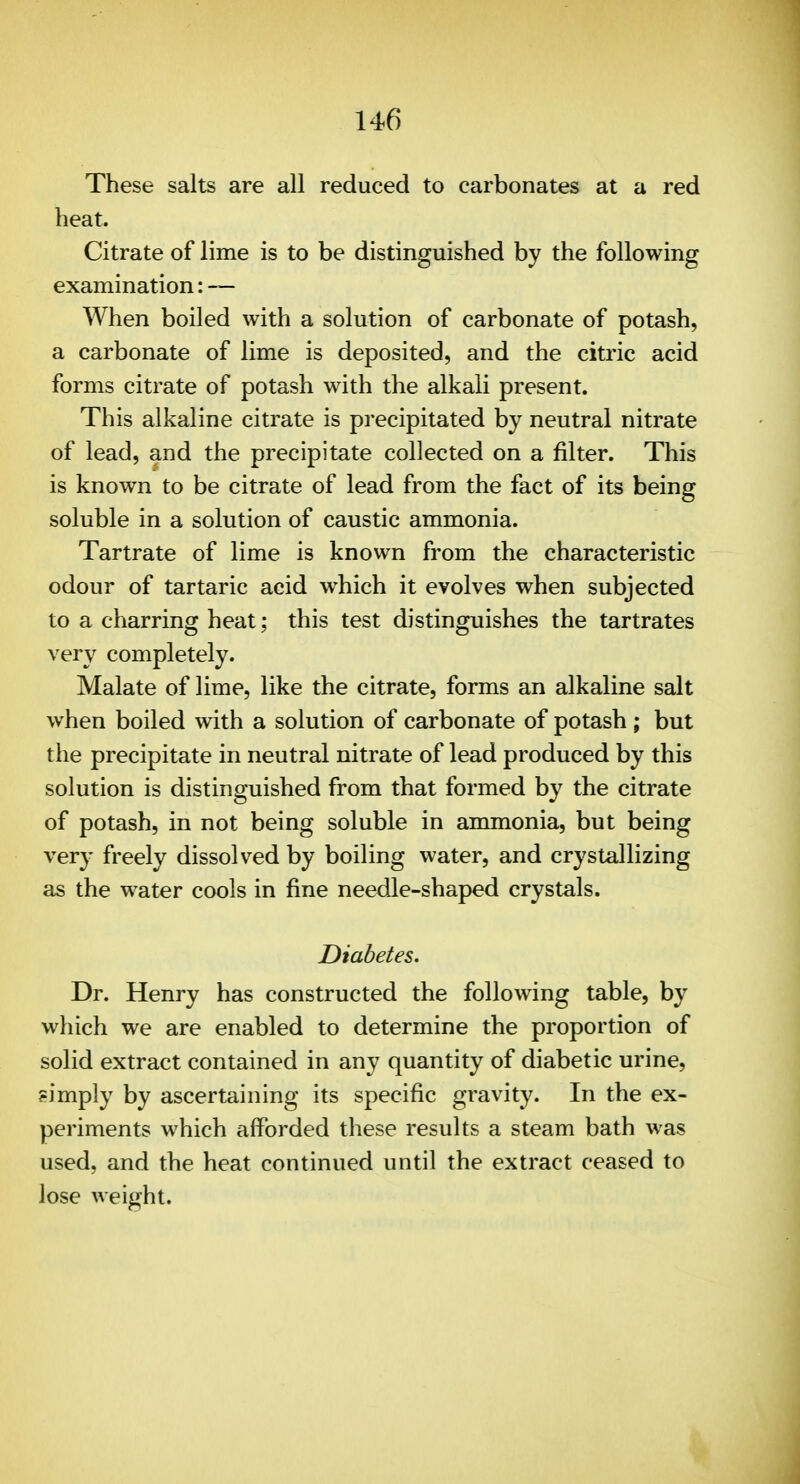 These salts are all reduced to carbonates at a red heat. Citrate of lime is to be distinguished by the following examination: — When boiled with a solution of carbonate of potash, a carbonate of lime is deposited, and the citric acid forms citrate of potash with the alkali present. This alkaline citrate is precipitated by neutral nitrate of lead, and the precipitate collected on a filter. This is known to be citrate of lead from the fact of its being soluble in a solution of caustic ammonia. Tartrate of lime is known from the characteristic odour of tartaric acid which it evolves when subjected to a charring heat; this test distinguishes the tartrates very completely. Malate of lime, like the citrate, forms an alkaline salt when boiled with a solution of carbonate of potash ; but the precipitate in neutral nitrate of lead produced by this solution is distinguished from that formed by the citrate of potash, in not being soluble in ammonia, but being very freely dissolved by boiling water, and crystallizing as the water cools in fine needle-shaped crystals. Diabetes. Dr. Henry has constructed the following table, by which we are enabled to determine the proportion of solid extract contained in any quantity of diabetic urine, ?imply by ascertaining its specific gravity. In the ex- periments which afforded these results a steam bath was used, and the heat continued until the extract ceased to lose weight.