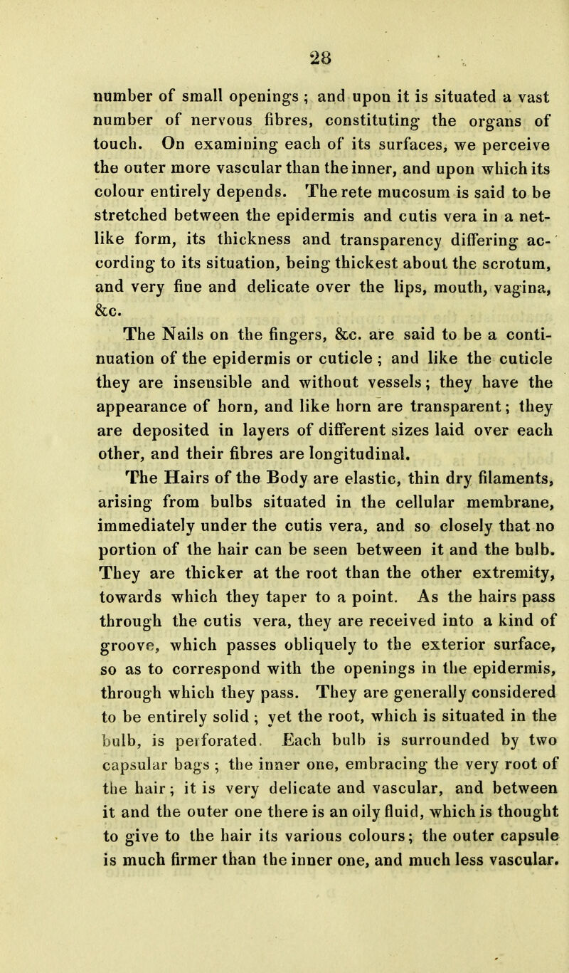 number of small openings ; and upon it is situated a vast number of nervous fibres, constituting the organs of touch. On examining each of its surfaces, we perceive the outer more vascular than the inner, and upon which its colour entirely depends. Therete mucosum is said to be stretched between the epidermis and cutis vera in a net- like form, its thickness and transparency differing ac- cording to its situation, being thickest about the scrotum, and very fine and delicate over the lips, mouth, vagina, &c. The Nails on the fingers, &c. are said to be a conti- nuation of the epidermis or cuticle ; and like the cuticle they are insensible and without vessels; they have the appearance of horn, and like horn are transparent; they are deposited in layers of different sizes laid over each other, and their fibres are longitudinal. The Hairs of the Body are elastic, thin dry filaments, arising from bulbs situated in the cellular membrane, immediately under the cutis vera, and so closely that no portion of the hair can be seen between it and the bulb. They are thicker at the root than the other extremity, towards which they taper to a point. As the hairs pass through the cutis vera, they are received into a kind of groove, which passes obliquely to the exterior surface, so as to correspond with the openings in the epidermis, through which they pass. They are generally considered to be entirely solid ; yet the root, which is situated in the bulb, is perforated. Each bulb is surrounded by two capsular bags ; the inner one, embracing the very root of the hair; it is very delicate and vascular, and between it and the outer one there is an oily fluid, which is thought to give to the hair its various colours; the outer capsule is much firmer than the inner one, and much less vascular.