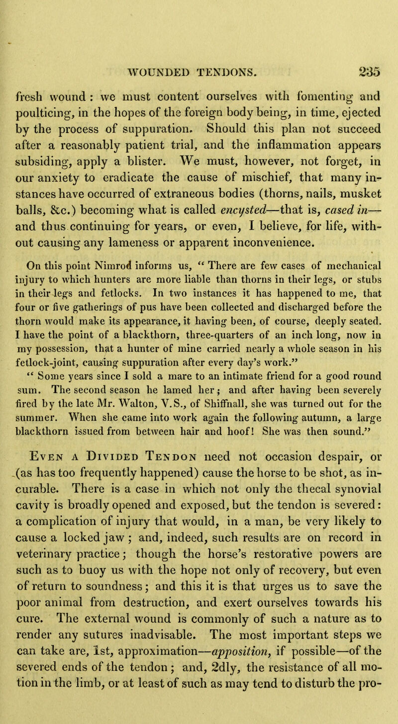 fresh wound : we must content ourselves with fomenting and poulticing, in the hopes of the foreign body being, in time, ejected by the process of suppuration. Should this plan not succeed after a reasonably patient trial, and the inflammation appears subsiding, apply a blister. We must, however, not forget, in our anxiety to eradicate the cause of mischief, that many in- stances have occurred of extraneous bodies (thorns, nails, musket balls, &c.) becoming what is called encysted—that is, cased in— and thus continuing for years, or even, I believe, for life, with- out causing any lameness or apparent inconvenience. On this point Nimro^ informs us,  There are few cases of mechanical injury to which hunters are more liable than thorns in their legs, or stubs in their legs and fetlocks. In two instances it has happened to me, that four or five gatherings of pus have been collected and discharged before the thorn would make its appearance, it having been, of course, deeply seated. I have the point of a blackthorn, three-quarters of an inch long, now in my possession, that a hunter of mine carried nearly a whole season in his fetlock-joint, causing suppuration after every day's work.  Some yeai'S since I sold a mare to an intimate friend for a good round sum. The second season he lamed her; and after having been severely fired by the late Mr. Walton, V.S., of Shiffnall, she was turned out for the summer. When she came into work again the following autumn, a large blackthorn issued from between hair and hoof! She was then sound. Even a Divided Tendon need not occasion despair, or (as has too frequently happened) cause the horse to be shot, as in- curable. There is a case in which not only the thecal synovial cavity is broadly opened and exposed, but the tendon is severed: a complication of inj ury that would, in a man, be very likely to cause a locked jaw ; and, indeed, such results are on record in veterinary practice; though the horse's restorative powers are such as to buoy us with the hope not only of recovery, but even of return to soundness; and this it is that urges us to save the poor animal from destruction, and exert ourselves towards his cure. The external w^ound is commonly of such a nature as to render any sutures inadvisable. The most important steps we can take are, 1st, approximation—apposition, if possible—of the severed ends of the tendon ; and, 2dly, the resistance of all mo- tion in the limb, or at least of such as may tend to disturb the pro-