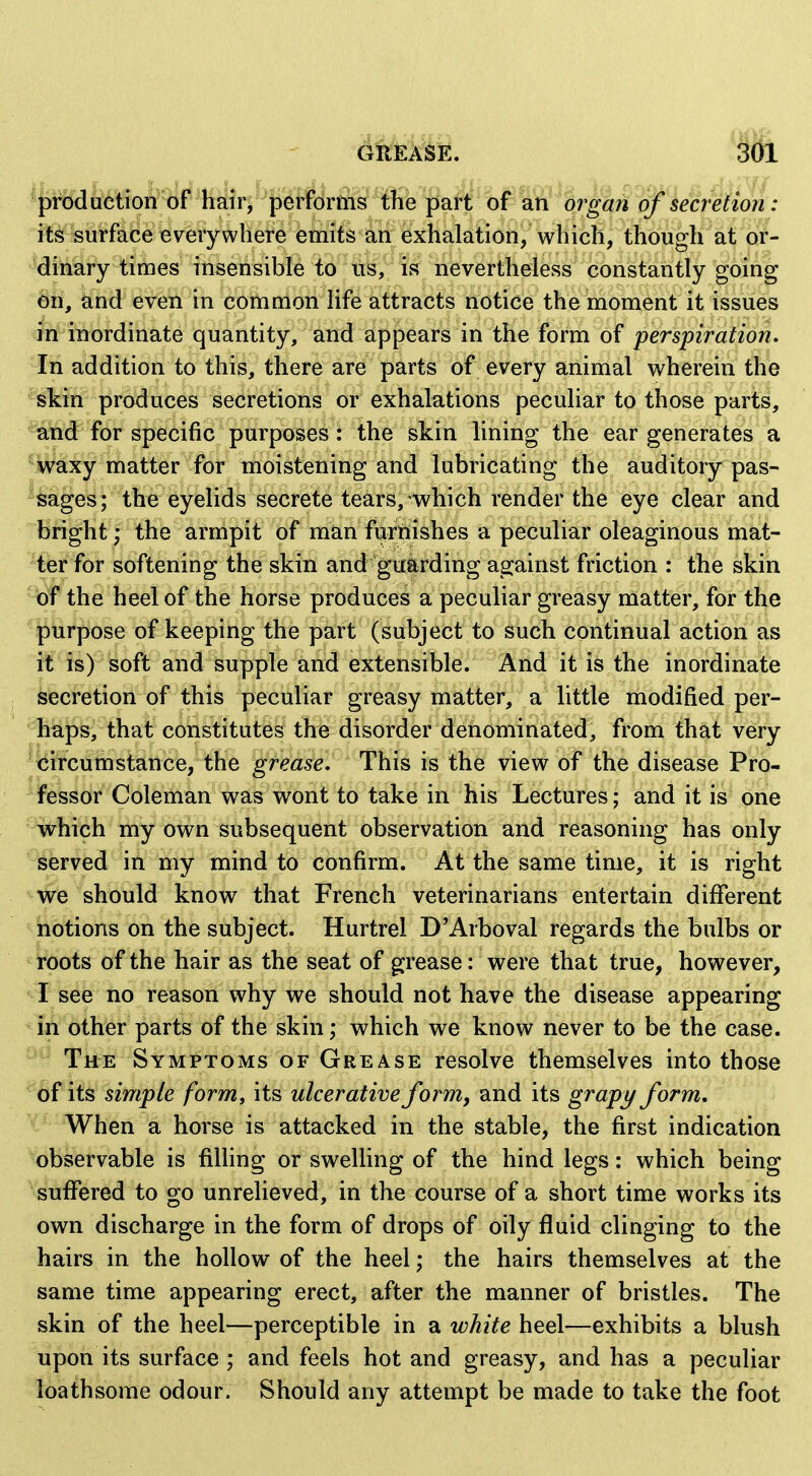 GREASE. 3Ul produetion of hair, perfdrms the part of an organ of secretion: its surface every where emits an exhalation, which, though at or- dinary times insensible to us, is nevertheless constantly going en, and even in common life attracts notice the moment it issues in inordinate quantity, and appears in the form of perspiration. In addition to this, there are parts of every animal wherein the -skin produces secretions or exhalations peculiar to those parts, ^^and for specific purposes: the skin lining the ear generates a ^waxy matter for moistening and lubricating the auditory pas- sages; the eyelids secrete tears, which render the eye clear and bright; the armpit of man furnishes a peculiar oleaginous mat- ter for softening the skin and guarding against friction : the skin of the heel of the horse produces a peculiar greasy matter, for the purpose of keeping the part (subject to such continual action as it is) soft and supple and extensible. And it is the inordinate secretion of this peculiar greasy matter, a little modified per- haps, that constitutes the disorder denominated, from that very Circumstance, the grease. This is the view of the disease Pro- ■IPessor Coleman was wont to take in his Lectures; and it is one which my own subsequent observation and reasoning has only served in my mind to confirm. At the same time, it is right we should know that French veterinarians entertain different notions on the subject. Hurtrel D'Arboval regards the bulbs or roots of the hair as the seat of grease: were that true, however, I see no reason why we should not have the disease appearing in other parts of the skin; which we know never to be the case. The Symptoms of Grease resolve themselves into those of its simple form^ its ulcerative form, and its grapy form, ^' When a horse is attacked in the stable, the first indication observable is fiUing or swelhng of the hind legs: which being suffered to go unrelieved, in the course of a short time works its own discharge in the form of drops of oily fluid clinging to the hairs in the hollow of the heel; the hairs themselves at the same time appearing erect, after the manner of bristles. The skin of the heel—perceptible in a white heel—exhibits a blush upon its surface ; and feels hot and greasy, and has a peculiar loathsome odour. Should any attempt be made to take the foot