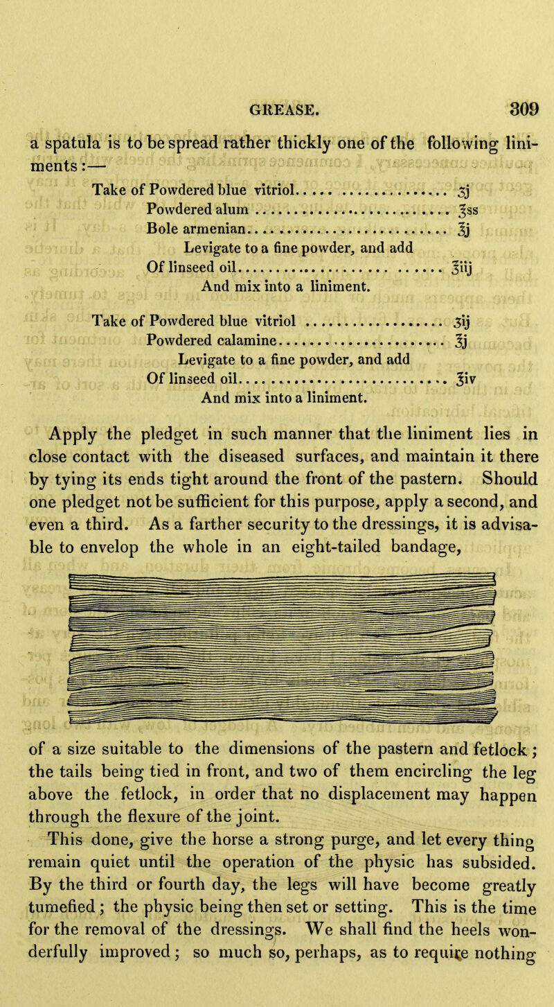 a spatula is to be spread rather thickly one of the following lini- ments :— Take of Powdered blue vitriol 5j Powdered alum Jss Bole armenian 3j Levigate to a fine powder, and add Of linseed oil ^iij And mix into a liniment. Take of Powdered blue vitriol 3ij Powdered calamine Levigate to a fine powder, and add Of linseed oil And mix into a liniment. Apply the pledget in such manner that the liniment lies in close contact with the diseased surfaces, and maintain it there by tying its ends tight around the front of the pastern. Should one pledget not be sufficient for this purpose, apply a second, and even a third. As a farther security to the dressings, it is advisa- ble to envelop the whole in an eight-tailed bandage, of a size suitable to the dimensions of the pastern and fetlock; the tails being tied in front, and two of them encircling the leg above the fetlock, in order that no displacement may happen through the flexure of the joint. This done, give the horse a strong purge, and let every thing remain quiet until the operation of the physic has subsided. By the third or fourth day, the legs will have become greatly tumefied ; the physic being then set or setting. This is the time for the removal of the dressings. We shall find the heels won- derfully improved; so much so, perhaps, as to require nothing