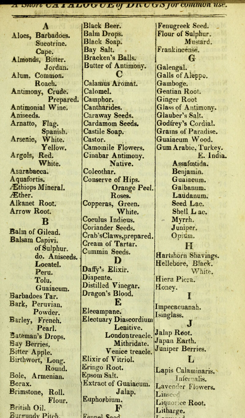 Aloes, Barbadoes. Sucotrine. Cape. Almonds, Bitter. Jordan. Ahim. Common. Roach. Antimony, Crude. Prepared. Antimonial Wine. Aniseeds. Arnatto, Flag. Spanish. Areenic, White. Yellow. ArgolSy Red. White. Asarabacca. Aquafortis. Mthiops Mineral, ^ther. Alkanet Root. Arrow Root. B Bairn of Gilead. Balsam Capivi. of Sulphur, do. Aniseeds. Locatel. Peru. Tolu. Guaiacum. Barbadoes Tar. Bark, Peruvian, Powder. Barley, French. Pearl. Bateman's Drops. Bay Berries. Bitter Apple. Birthwort, Long. Round. Bole, Armenian. Borax. Brimstone, Roll, Flour. British Oil. Burffimdv Pifnh. Black Beer. Balm Drops. Black Soap. Bay Salt. Bracken's Bails. Butter of Antimony. Calamus Aromat. Calomel. Camphor. Cantharides. Caraway Seeds, Cardamom Seeds, Castile Soap, Castor, Camomile Flowers. Cinabar Antimony. Native. Coleothar. Conserve of Hips. Orange Peel. Roses. Copperas, Green. White. Coculus Indicus. Coriander Seeds. Crab'sCla ws,prepared. Cream of Tartar. Cummin Seeds. D Daffy's Elixir. Diapente. Distilled Vinegar. Dragon's Blood, E Elecampane. Electuary Diascordium Lenitive. London treacle. Mithridate. Venice treacle. Elixir of Vitriol. Eringo Root. Epsom Salt. Extract of Guaiacum. Jalap. Euphorbium. p Fenugreek Seed. Flour of Sulphur, Mustard. Frankincense. G Galengal. Galls of Aleppo. Gamboge. Gentian Root. Ginger Root Glass of Antimony. Glauber's Salt, Godfrey's Cordial. Grams of Paradise. Guaiacum Wood. Gum Arabic, Turkey. E. India. AssafoBtida. Benjamin, Guaiacum. Gaibanum. Laudanum, Seed Lac. Shell L ac. Myrrh, J uniper^ Opium, H Hartshorn Shavings, Hellebore, Black. White. Hiera. Picra.' Honey. I Impecacuanah. Isinglass, J Jalap R6ot. Japan Earth, Juniper Berries, L Lapis Calaminaris, Infet^alis, Lavender Flowers. Linsei-d Liquor .ee Root. Litharge.