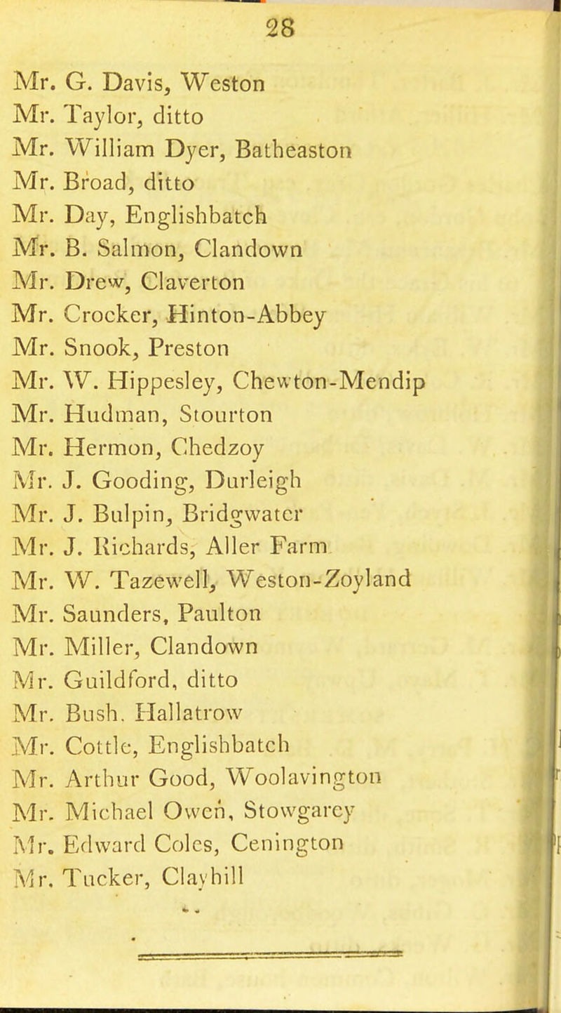 Mr. G. Davis, Weston Mr. Taylor, ditto Mr. William Dyer, Batheaston Mr. Broad, ditto Mr. Day, Englishbatch Mr. B. Salmon, Clandown Mr. Drew, Claverton Mr. Crocker, Hinton-Abbey Mr. Snook, Preston Mr. W. Hippesley, Chewton-Mendip Mr. Hiidman, Stourton Mr. Hermon, Chedzoy Mr. J. Gooding, Durleigh Mr. J. Bulpin, Bridgwater Mr. J. Richards, Aller Farm Mr. W. Tazewell, Weston-Zoyland Mr. Saunders, Paulton Mr. Miller, Clandown Mr. Guildford, ditto Mr. Bush. Hallatrow Mr. Cottle, Englishbatch Mr. Arthur Good, Woolavington Mr. Michael Owen, Stowgarcy Mr. Edward Coles, Cenington Mr, Tucker, Clayhill