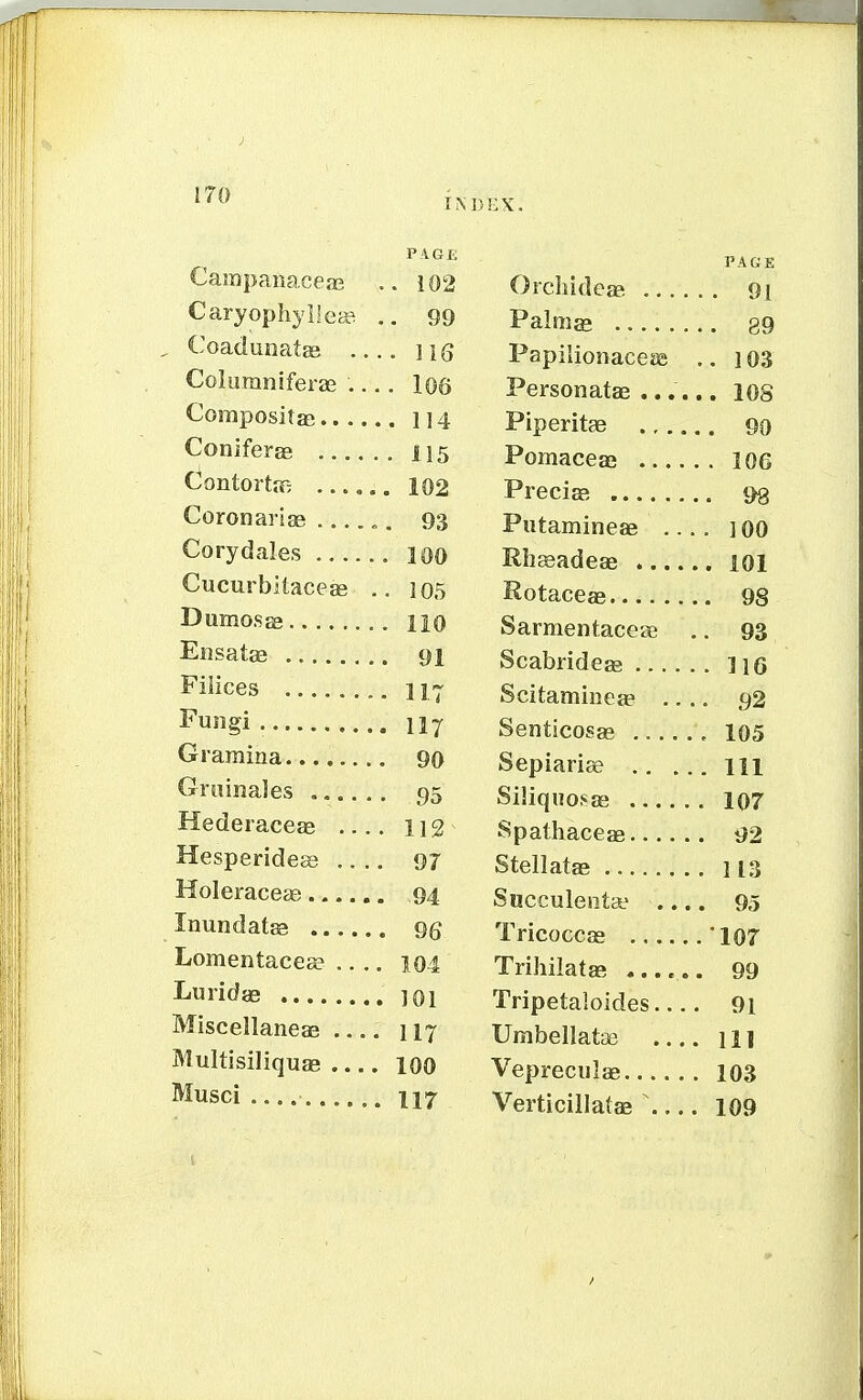 IM)EX. PAGE Campanaceae .. i02 Caryophyliea? .. 99 . Coadunatas JiQ Columniferae .... 106 Corapositffi 114 Coniferee 115 tiontortfT; ...... 102 Coronarise „. 93 Cory dales lOO CucurbitaceEe .. I05 Dumosse no Ensatge 91 Fiiices 117 Fungi 117 Graraina 90 Gruinales 95 Hederaceae 112 Hesperideg3 .... 97 Holeracete 94 Inundatsg qq Lomentacea? .... 104 Luridae ]0l Miscellaneae 117 MultisiliquEB 100 Musci .......... 117 PAGE Orchideae 91 Palms 89 Papilionaceas .. 103 Personatae ...... lOS Piperitae 90 Pomaceae lOG PreciEB 98 Piitamineae .... ] 00 Rhseadeae 101 Rotaceas 98 SarmentacesB .. 93 Scabridcffi 116 Scitaminea? .... g2 Senticosae 105 Sepiariae m Siliquosas 107 Spathaceae 92 Stellatae 113 Succulenta' .... 95 Tricoccae '107 Trihilatas ...... 99 Tripetaloides 9l Umbellataj ill Vepreculae 103 Verticillatae ' 109