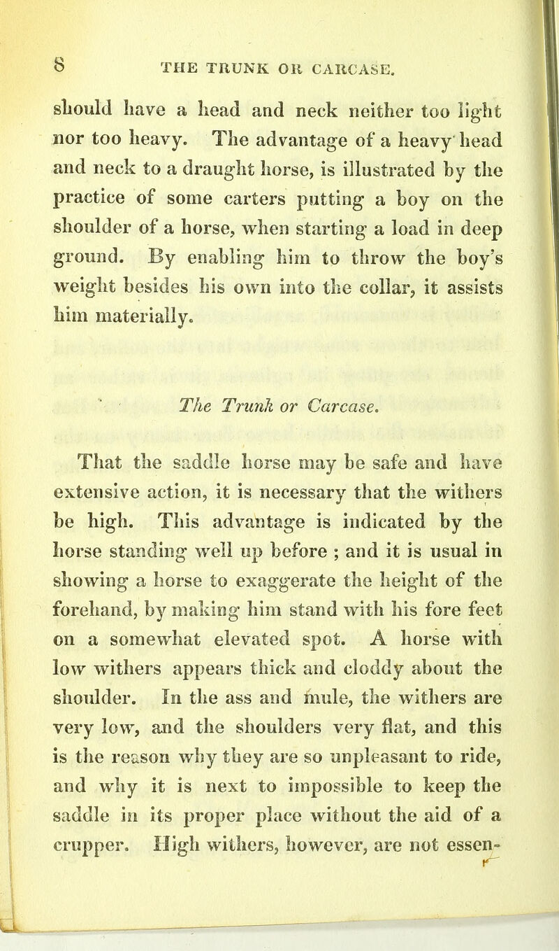 sliould have a head and neck neither too light nor too heavy. The advantage of a heavy head and neck to a draught horse, is illustrated hy the practice of some carters putting a boy on the shoulder of a horse, when starting a load in deep ground. By enabling him to throw the boy's weight besides his own into the collar, it assists him materially. The Trunk or Carcase. That the saddle horse may be safe and have extensive action, it is necessary that the withers be high. This advantage is indicated by the horse standing well up before ; and it is usual in showing a horse to exaggerate the height of the forehand, by making him stand with his fore feet on a somewhat elevated spot. A horse with low withers appears thick and cloddy about the shoulder. In the ass and mule, the withers are very low, and the shoulders very flat, and this is the reason why they are so unpleasant to ride, and why it is next to impossible to keep the saddle in its proper place without the aid of a crupper. High withers, however, are not essen-