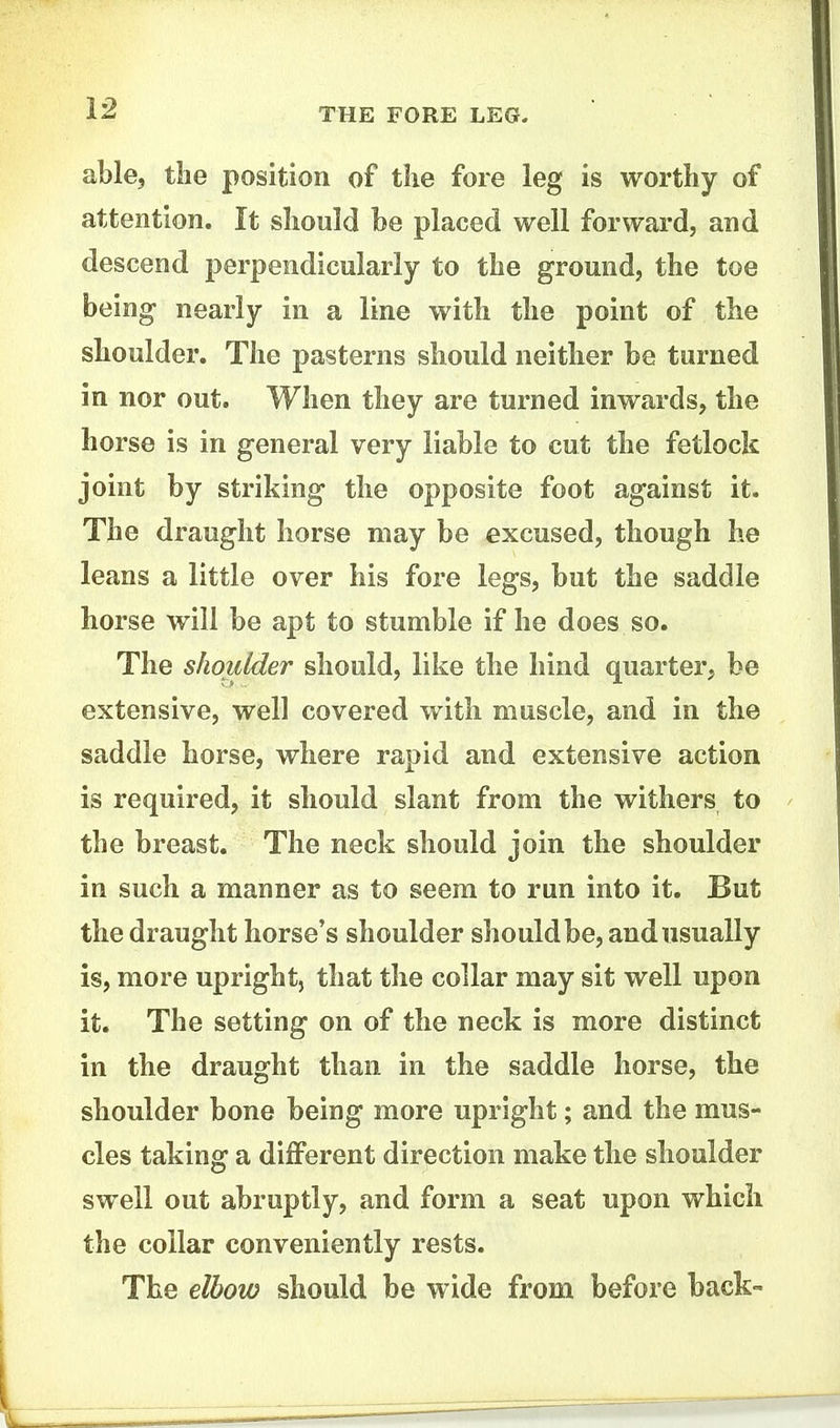able, the position of the fore leg is worthy of attention. It should be placed well forward, and descend perpendicularly to the ground, the toe being nearly in a line with the point of the shoulder. The pasterns should neither be turned in nor out. When they are turned inwards, the horse is in general very liable to cut the fetlock joint by striking the opposite foot against it. The draught liorse may be excused, though he leans a little over his fore legs, but the saddle horse will be apt to stumble if he does so. The shoulder should, like the hind quarter, be extensive, well covered with muscle, and in the saddle horse, where rapid and extensive action is required, it should slant from the withers to the breast. The neck should join the shoulder in such a manner as to seem to run into it. But the draught horse's shoulder should be, and usually is, more upright, that the collar may sit well upon it. The setting on of the neck is more distinct in the draught than in the saddle horse, the shoulder bone being more upright; and the mus- cles taking a different direction make the shoulder swell out abruptly, and form a seat upon which the collar conveniently rests. The elbow should be wide from before back-