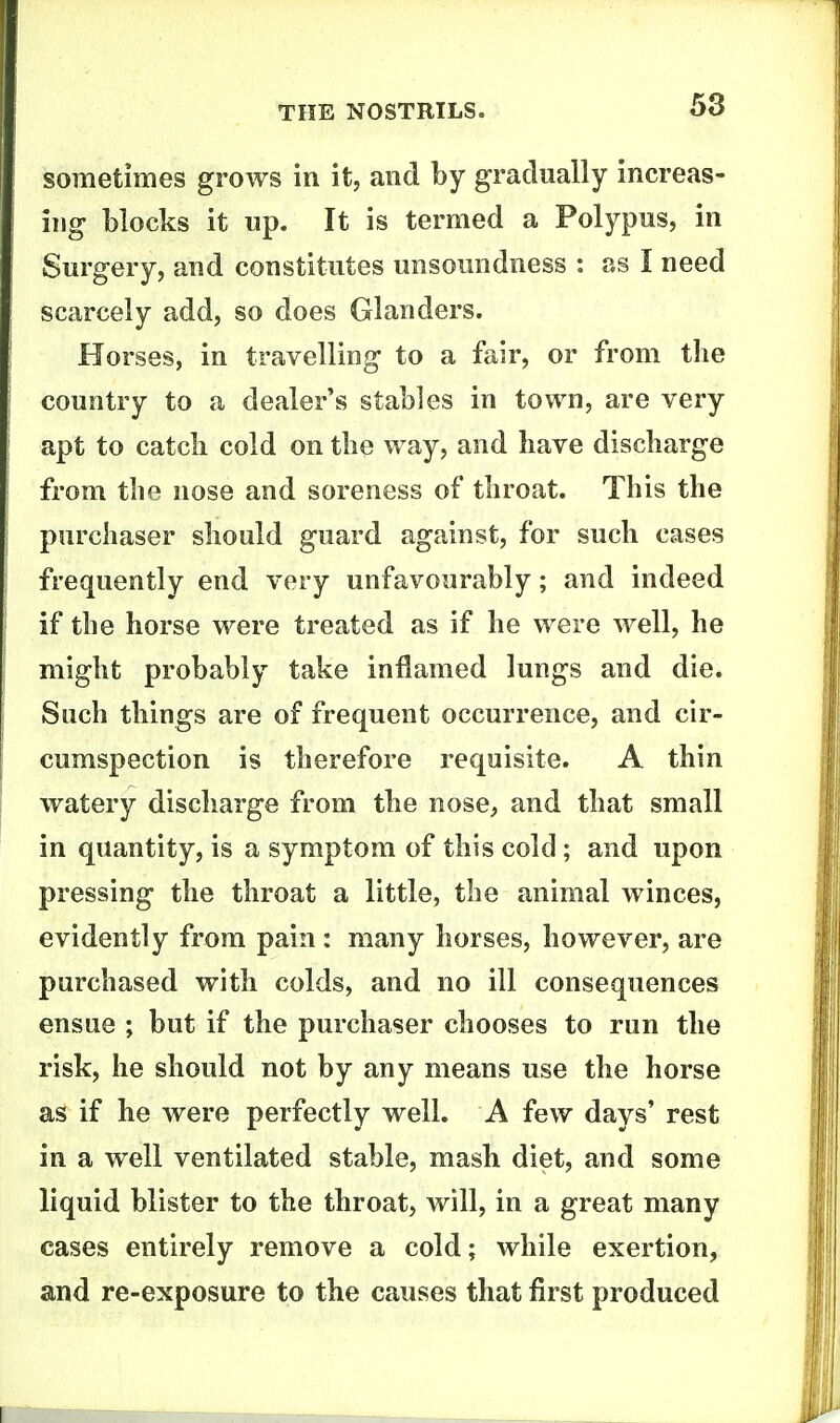 sometimes grows in it, and by gradually increas- ing blocks it up. It is termed a Polypus, in Surgery, and constitutes unsoundness : as I need scarcely add, so does Glanders. Horses, in travelling to a fair, or from the country to a dealer's stables in town, are very apt to catcli cold on tbe way, and have discharge from the nose and soreness of throat. This the purchaser should guard against, for such cases frequently end very unfavourably; and indeed if the horse were treated as if he were well, he might probably take inflamed lungs and die. Such things are of frequent occurrence, and cir- cumspection is therefore requisite. A thin watery discharge from the nose, and that small in quantity, is a symptom of this cold; and upon pressing the throat a little, the animal winces, evidently from pain : many horses, however, are purchased with colds, and no ill consequences ensue ; but if the purchaser chooses to run the risk, he should not by any means use the horse as if he were perfectly well. A few days' rest in a well ventilated stable, mash diet, and some liquid blister to the throat, will, in a great many cases entirely remove a cold; while exertion, and re-exposure to the causes that first produced