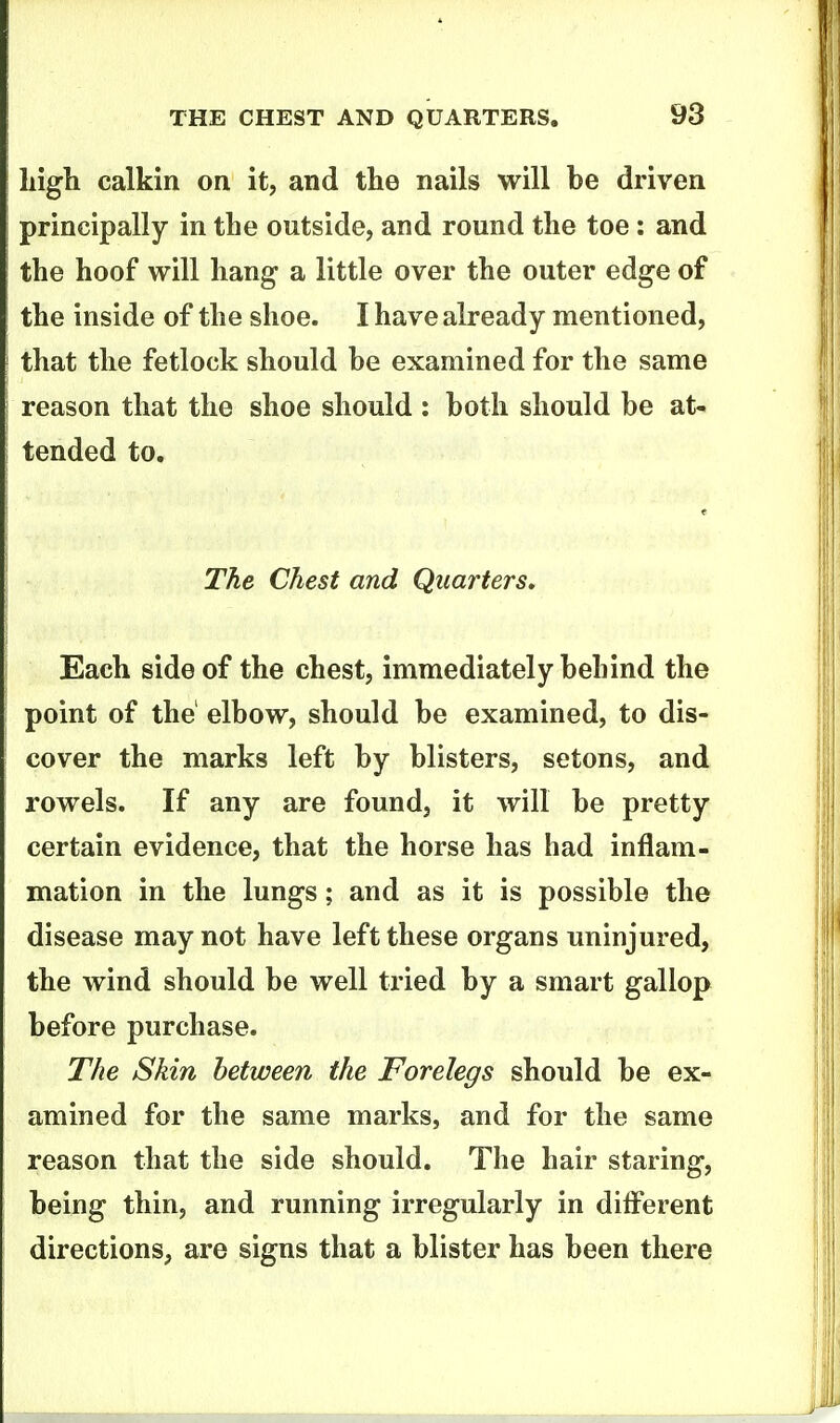 Ligh calkin on it, and the nails will be driven principally in the outside, and round the toe: and the hoof will hang a little over the outer edge of the inside of the shoe. I have already mentioned, that the fetlock should be examined for the same reason that the shoe should : both should be at- tended to. The Chest and Quarters. Each side of the chest, immediately behind the point of the elbow, should be examined, to dis- cover the marks left by blisters, setons, and rowels. If any are found, it will be pretty certain evidence, that the horse has had inflam- mation in the lungs; and as it is possible the disease may not have left these organs uninjured, the wind should be well tried by a smart gallop before purchase. The Skin between the Forelegs should be ex- amined for the same marks, and for the same reason that the side should. The hair staring, being thin, and running irregularly in different directions, are signs that a blister has been there