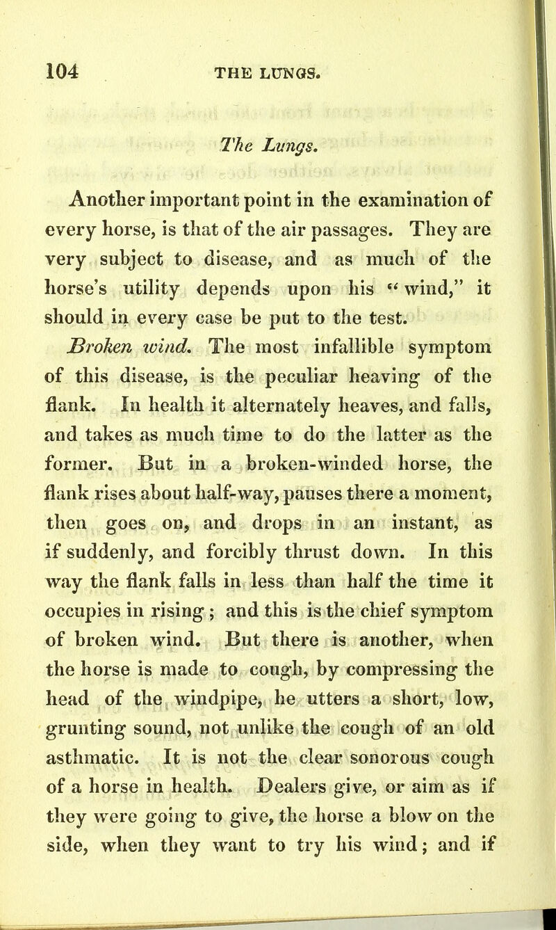 The Lvngs. Another important point in the examination of every horse, is that of the air passages. They are very subject to disease, and as much of the horse's utility depends upon his  wind, it should in every case be put to the test. Broken icind. The most infallible symptom of this disease, is the peculiar heaving of the flank. In health it alternately heaves, and falls, and takes as much time to do the latter as the former. But in a broken-winded horse, the flank rises about half-way, pauses there a moment, then goes on, and drops in an instant, as if suddenly, and forcibly thrust down. In this way the flank falls in less than half the time it occupies in rising; and this is the chief symptom of broken wind. But there is another, when the horse is made to cough, by compressing the head of the windpipe, he utters a short, low, grunting sound, not unlike the cough of an old asthmatic. It is not the clear sonorous cough of a horse in health. Dealers give, or aim as if they were going to give, the horse a blow on the side, when they want to try his wind; and if