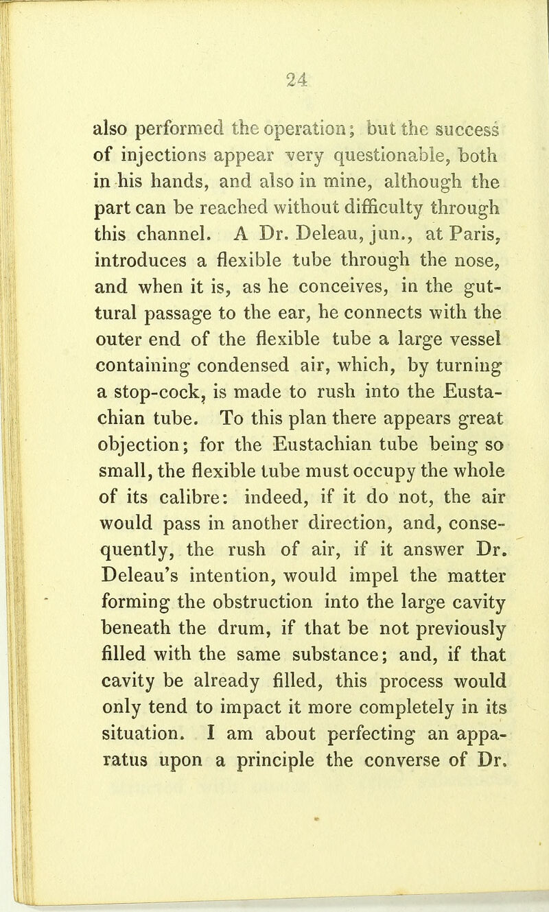 also performed the operation; but the success of injections appear -very questionable, both in his hands, and also in mine, although the part can be reached without difficulty through this channel. A Dr. Deleau, jun., at Paris, introduces a flexible tube through the nose, and when it is, as he conceives, in the gut- tural passage to the ear, he connects with the outer end of the flexible tube a large vessel containing condensed air, which, by turning a stop-cock^ is made to rush into the Eusta- chian tube. To this plan there appears great objection; for the Eustachian tube being so small, the flexible tube must occupy the whole of its calibre: indeed, if it do not, the air would pass in another direction, and, conse- quently, the rush of air, if it answer Dr. Deleau's intention, would impel the matter forming the obstruction into the large cavity beneath the drum, if that be not previously filled with the same substance; and, if that cavity be already filled, this process would only tend to impact it more completely in its situation. I am about perfecting an appa- ratus upon a principle the converse of Dr.