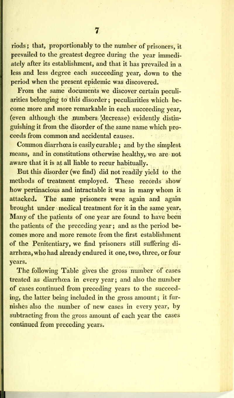 riods; that, proportlonably to the number of prisoners, it prevailed to the greatest degree during the year immedi- ately after its estabUshment, and that it has prevailed in a less and less degree each succeeding year, down to the period when the present epidemic was discovered. From the same documents we discover certain peculi- arities belonging to this disorder; peculiarities which be- come more and more remarkable in each succeeding year, (even although the numbers ^decrease) evidently distin- guishing it from the disorder of the same name which pro- ceeds from common and accidental causes. Common diarrhoea is easily curable; and by the simplest means, and in constitutions otherwise healthy, we are not aware that it is at all liable to recur habitually. But this disorder (we find) did not readily yield to the methods of treatment employed. These records show how pertinacious and intractable it was in many whom it attacked. The same prisoners were again and again brought under medical treatment for it in the same year. Many of the patients of one year are found to have been the patients of the preceding year; and as the period be- comes more and more remote from the first establishment of the Penitentiary, we find prisoners still suffering di- arrhoea, who had already endured it one, two, three, or four years. The following Table gives the gross number of cases treated as diarrhoea in every year; and also the number of cases continued from preceding years to the succeed- ing, the latter being included in the gross amount; it fur- nishes also the number of new cases in every year, by subtracting from the gross amount of each year the cases continued from preceding years.