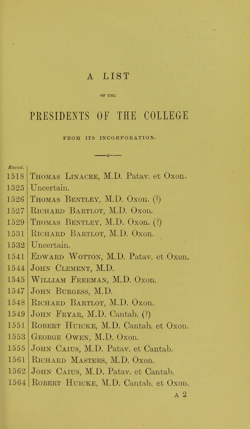 A LIST OF ran PRESIDENTS OF THE COLLEGE FROM ITS INCOflPOKATION. Thomas Lin acre, M.D. Patav. et Oxon. Uncertain. Thomas Bentley, M.D. Oxon. (?) EiCHARD Bartlot, M.D. Oxon. Thomas Bentley, M.D. Oxon. (?) Richard Bartlot, M.D. Oxon. Uncertain. Edward Wotton, M.D. Patav. et Oxon. John Clement, M.D. William Freeman, M.D. Oxon. John Burgess, M.D. BicHARD Bartlot, M.D. Oxon. John Fryar, M.D. Cantab. (?) BoBERT HuiCKE, M.D. Cantab, et Oxon. George Owen, M.D. Oxon. John Caius, M.D. Patav. et Cantab. BiCHARD Masters, M.D. Oxon. John Caius, M.D. Patav. et Cantab. BoBERT HuiCKE. M.D. Cantab, et Oxon. A 2