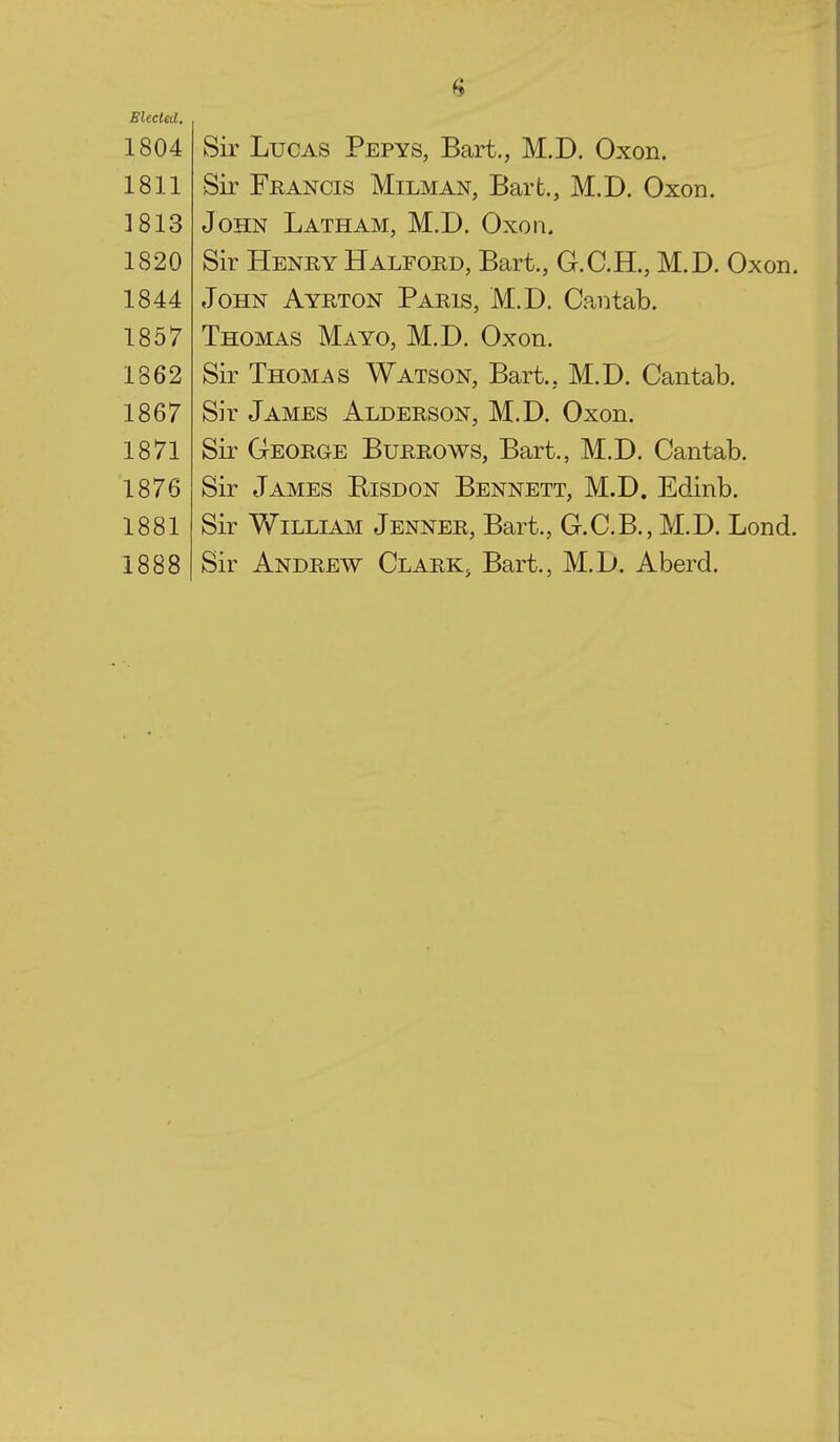 Sleeted. 1804 Sir Lucas Pepys, Bart., M.D. Oxon. 1811 Sir Francis Milman, Bart., M.D. Oxon. ]813 John Latham, M.D. Oxon. 1820 Sir Henry Halford, Bart., G.C.H., M.D. Oxon. 1844 John Ayrton Paris, M.D. Cantab. 1857 Thomas Mayo, M.D. Oxon. 1862 Sir Thomas Watson, Bart., M.D. Cantab. 1867 Sir James Alderson, M.D. Oxon. 1871 Sir George Burrows, Bart., M.D. Cantab. 1876 Sir James Eisdon Bennett, M.D. Edinb. 1881 Sir William Jenner, Bart., G.C.B., M.D. Lond. 1888 Sir Andrew Clark, Bart., M.D. Aberd.