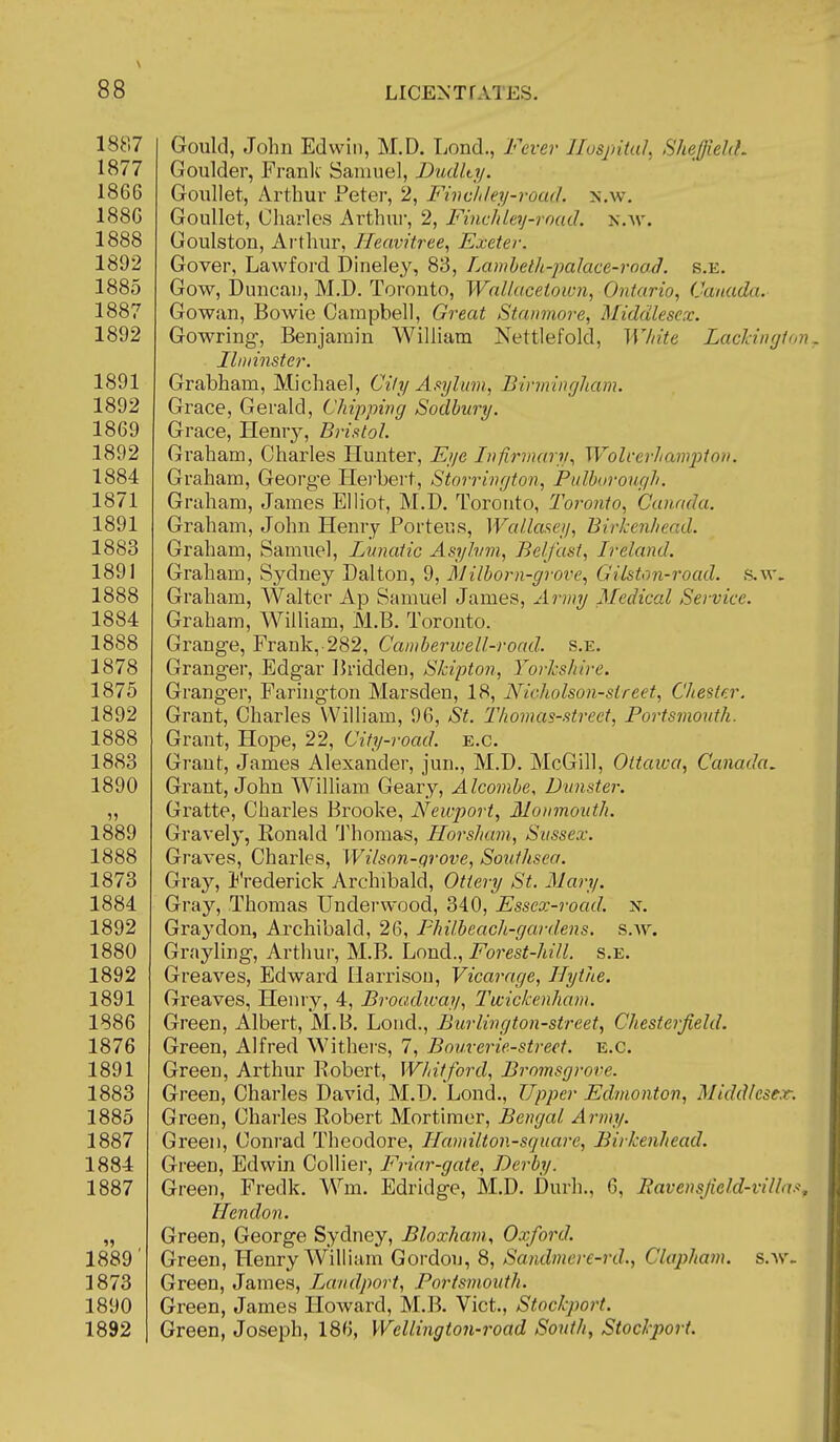 1887 1877 1866 1880 1888 1892 1885 1887 1892 1891 1892 1869 1892 1884 1871 1891 1883 1891 1888 1884 1888 1878 1875 1892 1888 1883 1890 1889 1888 1873 1884 1892 1880 1892 1891 1886 1876 1891 1883 1885 1887 1884 1887 1889 1873 1890 1892 Gould, John Edwin, M.D. Lond., Fever Hospital^ Sheffield. Goulder, Franlc Samuel, DudUy. Goiillet, Arthur Feter, 2, Finchley-voad. n.w. Goullet, Charles Arthur, 2, Finddey-rnad. n.'vv. Goulston, Ai'thur, Heavitree, Exeter. Gover, Lawford Dineley, 83, Lambetli-palace-roaJ. s.e. Gow, Duncan, M.D. Toronto, Walkiceiown, Ontario, Canada. Gowan, Bowie Campbell, Great Staiimore, Middlesex. Gowring, Benjamin William Nettlefold, W/iite Lach'uf/io Ilminster. Grabham, Michael, City Af^ylum, Birmingham. Grace, Gerald, Chipping Sodhury. Grace, Henry, Bristol. Graham, Charles Hunter, Eye Infirmary, Wolverhampton. Graham, George Herbert, Storringfon, Pulhurough. Graham, James Elliot, M.D. Toronto, Toronto, Cuu.ada. Graham, John Henry Porteus, Wallasey, Birkenhead. Graham, Samuel, Lunatic Asyhnn, Belfast, Ireland. Graham, Sydney Dal ton, 9, Milborn-grove, Gilston-road. s.w. Graham, Walter Ap Samuel James, Army Medical Service. Graham, William, M.B. Toronto. Grange, Frank, 282, Camherwell-road. s.e. Granger, Edgar Briddeu, Skipton, Yorkshire. Granger, Farington Marsden, 18, Nicholson-street, Chester. Grant, Charles William, 96, St. Thomas-street, Portsmouth. Grant, Hope, 22, City-road. e.g. Grant, James Alexander, jun., M.D. McGill, Ottawa, Canada. Grant, John William Geary, Alcombe, Dunster. Gratte, Charles Brooke, Newport, Monmouth. Gravely, Ronald 'J'homas, Horsham, Sussex. Graves, Charles, Wilson-qrove, Soiithsea. Gray, I'rederick Archibald, Ottery St. Mary. Gray, Thomas Underwood, 340, Essex-road. Graydon, Archibald, 26, Philbeach-gardens. s.w. Grayling, Arthur, M.B. Lond., Forest-hill. s.e. Greaves, Edward Harrison, Vicarage, Hythe. Greaves, Henry, 4, Broadway, Twickenham. Green, Albert, M.B. Lond., Burlington-street, Chesterfield. Green, Alfred Withei'S, 7, Bouverie-street. e.g. Green, Arthur Robert, Whitford, Bromsgrove. Green, Charles David, M.D. Lond., Upper Edmonton, Middlese.r. Green, Charles Robert Mortimer, Bengal Army. Green, Conrad Theodore, Hamilton-square, Birkenhead. Green, Edwin Colliei-, Friar-gate, Derby. Green, Fredk. Wm. Edridge, M.D. Durh., 6, Ravensfield-villaf Hendon. Green, George Sydney, Bloxhani, Oxford. Green, Henry William Gordon, 8, Sandmere-rd., Clopham. s.w- Green, James, Landport, Portsmouth. Green, James Howard, M.B. Vict., Stockport. Green, Joseph, 186, Wellington-road South, Stockjwrt.