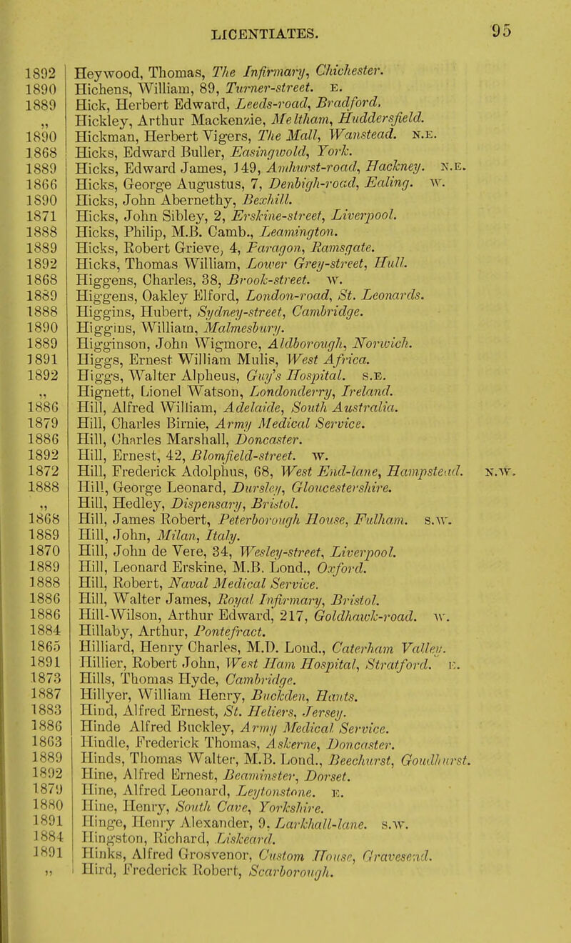 1892 Hey wood, Thomas, The Infmnary^ Chichester. 1890 Hichens, William, 89, Turner-street, e. 1889 Hick, Herbert Edward, Leeds-road, Bradford. „ Hickley, Arthur Mackenzie, Meltham, Huddersfield. 1890 Hickman, Herbert Vigers, 2%e ifa/Z, ■pF'an.s^eai'?. n.e. 1868 Hicks, Edward BuUer, Easingioold, York. 1889 Hicks, Edward James, )A9, AnJmrst-road, Hacknej/. n.e. 1866 Hicks, G-eorge Augustus, 7, Denbigh-road, Ealing, w. 1890 Hicks, John Abernethy, Bexhill. 1871 Hicks, John Sibley, 2, ErsHne-streef, Liverpool. 1888 Hicks, Philip, M.B. Camb., Leamington. 1889 Hicks, Robert GrievC; 4, Paragon, Ramsgate. 1892 Hicks, Thomas William, Lower Grey-street, Hull. 1868 Higgens, Charleis, 38, Brook-street, ^v. 1889 Higgens, Oakley Elford, London-road, St. Leonards. 1888 Higgins, Hubert, Sydney-street, Cambridge. 1890 Higgins, William, Malmesbury. 1889 Higginson, John Wigmore, Aldborough, Norwich. 1891 Higgs, Ernest William Mulis, West Africa. 1892 Higgs, Walter Alpheus, Guy's Hospital, s.e. „ Hignett, Lionel Watson, Londonderry, Lreland. 1886 Hill, Alfred William, Adelaide, South Australia. 1879 Hill, Charles Birnie, Army Medical Service. 1886 Hill, Chnrles Marshall, Doncaster. 1892 Hill, Ernest, 42, Blomjield-street. w. 1872 Hill, Frederick Adolphus, 68, West End-lane, Hampstead. n.w 1888 Hill, George Leonard, Dursley, Gloucestershire. „ Hill, Hedley, Dispensary, Bristol. 1868 Hill, James Eobert, Peterborough House, Fulham. s.w. 1889 Hill, John, Milan, Italy. 1870 Hill, John de Vere, 34, Wesley-street, Liverpool. 1889 Hill, Leonard Erskine, M.B. Lond., Oxford. 1888 Hill, Robert, Naval Medical Service. 1886 Hill, Walter James, Royal Lifirmarii, Bristol. 1886 Hill-Wilson, Arthur Edwardj 217, Goldhawk-road. ^v. 1884 Hillaby, Arthur, Pontefract. 1865 Hilliard, Henry Charles, M.T). Lond,, Caterham Valley. 1891 Ilillier, Robert John, West Hani Hospital, Stratford.^ v.. 1873 Hills, Thomas Hyde, Cambridge. 1887 Hillyer, William Henry, Buckden, Hants. 1883 Hind, Alfred Ernest, St. Heliers, .Jersey. 1886 Hinde Alfred Buckley, Army Medical Service. 1863 Hindlc, Frederick Thomas, Askerne, Doncaster. 1889 Hinds, Thomas Walter, M.B. Lond., Beechurst, Goudhnrst. 1892 Hine, Alfred Ernest, Beaminster, Dorset. 187'.) Hine, Alfred Leonard, I^eytonstone. e. 1880 Hine, Henry, South Cave, Yorkshire. 1891 Hinge, Henry vVlexander, 9, Larkhall-lane. s.vf. 1884 Hingston, Richard, Liskeard. 1891 I Hinks, Alfred Grosvenor, Custom House, Gravesend. „ I Hird, Frederick Robert, Scarborough.