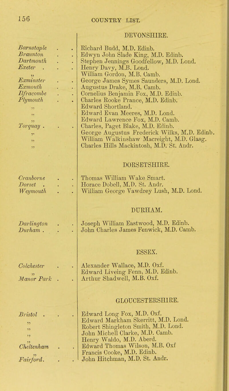 Barnstaple Braunton Dartmouth Exeter Exminster Exmouth Ilfracombe Plymouth J5 J) )J Torquay . 1' )5 55 Crariborne Dorset . Weymouth Darlington Durham . Colchester Manor Parle Bristol 1-) It Cheltenham Fairjor d. DEVONSHIRE. Richard Budd, M.D. Edinb. Edwyn John Slade King, M.D. Edinb. Stephen Jennings Goodfellow, M.D. Lond. Henry Davy, M,B. Lond. William Gordon, M.B. Camb. George James Symes Saunders, M.D. Lond. Augustus Drake, M.B. Camb. Cornelius Benjamin Fox, M.D. Edinb. Charles Rooke Prance, M.D. Edinb. Edward Shortland. Edward Evan Meeres, M.D. Lond. Edward Lawrence Fox, M.D. Camb. Charles, Paget Blake, M.D. Edinb. George Augustus Frederick Wilks, M.D. Edinb. William Walkinshaw Macreight, M.D. Glasg. Charles Hills Mackintosh, M.D. St. Andr. DORSETSHIRE. Thomas William Wake Smart. Horace Dobell, M.D. St. Andr. Wilham George Vawdrey Lush, M.D. Lond. DURHAM. Joseph William Eastwood, M.D. Edinb. John Charles James Fenwick, M.D. Camb. ESSEX. Alexander Wallace, M.D. Oxf. Edward Liveing Fenn, M.D. Edinb. Arthur Shadwell, M.B. Oxf. GLOUCESTERSHIRE. Edward Long Fox, M.D. Oxf. Edward Markham Skerritt, M.D. Lond. Robert Shingleton Smith, M.D. Lond. John Michell Clarke, M.D. Camb. Henry Waldo, M.D. Aberd. Edward Thomas Wilson, M.B. Oxf Francis Cooke, M.D. Edinb. John Hitchman, M.D. St. Andr.