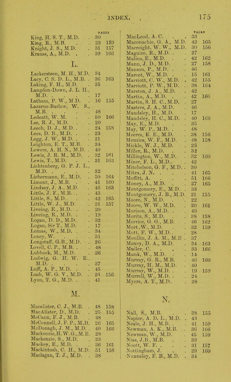 PAGES King, H. S. T., M.D. . 30 King, E., M.B. . . 23 159 Knight, J. S., M B. . 31 157 Krauss, A., M.D. . . 39 16G Lackersteen, M. H., M.D, 34 Lacy, C. S. D. L., M.B. . 36 163 Lak'ing, F. H., M.D. . 35 Langdon-Down, J. L. II., M.D 17 Latham, P. W., M.D. . 16 155 Lazarus-Barlow, W. S., M.B. . . . .48 Ledeatt, W. M. . . 50 166 Lee, R. J., M.D. . . 20 Leech, D. J., M.D. . . 24 158 Lees, D. B., M.D. . . 23 Legg, J. W., M.D. . . 21 Leighton, E. T., M.B. . 34 Lewers, A. H. N., M.D. . 40 Lewis, J. E. M., M.D. . 32 161 Lewis, T., M.D. . . 31 163 Lichtenberg, Gr. P. J. L., M.D 32 Liebermann, E., M.D. . 50 164 Limont, J., M.B. . . 41 160 Lindsay, J. A., M.D. . 46 163 Little, J. E., M.B. . . 43 Little, S., M.D.. . . 42 165 Little, W. J., M.D. . 21 157 Liveing, E., M.D. . . 20 Liveing, E., M.D. . . 19 Logan, D. D., M.D. . 32 Logan, Sir T., M.D. . 17 Lomas, W., M.D. . . 34 Loney, W. . . .31 Longstaff, G-.B., M.D. . 26 Lovell, C. P., M.B. . . 48 Lubbock, M., M.D. . 26 Ludwig, G. H. W. E., M.D 37 Luff, A. P., M.D. . . 45 Lush, W. G-. v., M.D. . 26 156 Lyon, T. G., M.D. . . 41 M. Macalister, C. J., M.B. . 48 158 MacAlister, D., M.D. . 25 155 McCann, F. J., M.B. . 48 McConnell, J.F.P.,M.D. 26 165 McDonagh, J. M., M.D. . 40 166 Mackenzie,II.W.Q-.,M.l]. 28 Mackenzie, S., M.D. . 23 Mackej, E., M.D. . . 36 ]61 Mackintosh, C. 11., M.D. 51 156 Maclagan, T. J., M.D. . 38 MacJUeoa, A. C PAGLS 33 MacoTiacliie, ix. a,, ivl.jj. 42 165 JVlacreigiit, W. vv., jvi.u. Maguire, xC., m.v. . 30 156 27 Malins, Jii., iii.u. 42 162 Mann, J. U., M.U. 27 158 Manson, r., IVi.J >. . 46 Marcet, W., iVi.u. . 15 161 Marriott, O. VV., M.-U. 42 155 iviarriotr, x. vv., ivx.L/. 38 164 Marston, J. A., ivi.u. 42 42 166 jMLarun, o. ix. Kj., ul.\j. 27 Masters, J. A., M.i-'. 46 Mauusley, il., M.i>. 17 iViauclsley, H. O., M.u. 40 166 i\/r«^ T7 * i\yr T\ May, hi., M.JJ. 35 XViay, W. X ., slL.iJ. . 48 Meeres, ej. il., m.-U. 38 156 Menzies, W. Jb., M.JJ. 48 158 MlCKie, W. J., M.JJ. 28 MiHer, til., M.!.*. 33 ivxiiimgton, vv., 32 160 i>XLiier, J}, xj., iyx.x>'.. 42 iviitcneison, vx. J?., ivi.x/. . 30 Mitra, J. JN. . 41 165 iviotntt, A. 51 166 Money, A., M.U. 27 165 Montgomery, it., M.JJ. . 33 Montgomery, J. x>., M.JJ. 21 155 Moore, JM., M.JJ. 22 Moore, W. W., M.JJ. 20 161 Morison, A., M.JJ. . 49 ivioriLZ, o., iyx.iy. 38 158 Morrice, U-. U-., M.±). 46 162 More, VV., M.JJ. 32 159 -Lvxoic, X?. vv iVX.l-', . 28 IVT/Millin T A ivr TVr T' iviouuin, ti. A. ivx., ivi.x! . 37 Moxey, U. A., M.JJ. 34 163 Muiler, O. . . 33 166 Munk W M D 14 Murray, G. E., M.B. 46 160 Murray, H. M., M.D. 40 MurraV, W., M.D. . 19 159 Murreil, W., M.D. . 24 Myers, A. T., M.D.. 38 N. ?fall, S., M.B. 38 155 Napier, A. D, L., M.D. . 43 Neale, J. II., M.B. . 41 159 Newman, A. K., M.B. . 36 166 Newman, W., M.D. 45 159 Nias, J.B., M.B. . 39 Noolt, W. F. . 31 157 Nottingham. J. 29 160 Nunneloy, F. B., M.D. . 34