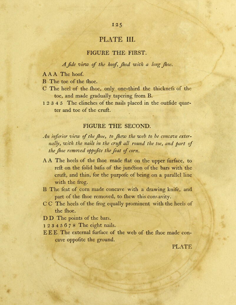 PLATE III. FIGURE THE FIRST. A Jide view of the hoof, Jhod with a long Jlioe, AAA The hoof. B The toe of the fhoe. C The heel of the Ihoe, only one-third the thicknefs of the toe, and made gradually tapering from B. 1 2 3 4 5 The clinches of the nails placed in the outfide quar- ter and toe of the cruft. FIGURE THE SECOND. An inferior view of the flioe, to fliew the weh to he concave exter- nally, with the nails in the crufi all round the toe, and part of the fhoe removed oppofite the feat of corn, A A The heels of the flioe made flat on the upper furface, to reft on the folid bafis of the jund;ion of the bars with the cruft, and thin, for the purpofe of being on a parallel line with the frog. B The feat of corn made concave with a drawing knife, and part of the flioe removed, to ftiew this convavity. C C The heels of the frog equally prominent with the heels of the Ihoe. D D The points of the bars. 12345678 The eight nails. E E E The external furface of the web of the fhoe made con- cave oppofite the ground. PLATE