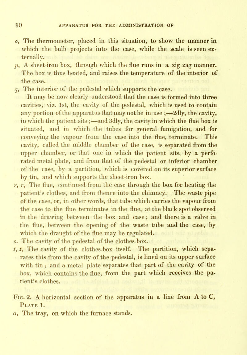 o, The thermometer, placed in this situation, to show the manner in which the bulb projects into the case, while the scale is seen ex- ternally. py A sheet-iron box, through which the flue runs in a zig zag manner. The box is thus heated, and raises the temperature of the interior of the case. q. The interior of the pedestal which supports the case. It may be now clearly understood that the case is formed into three cavities, viz. 1st, the cavity of the pedestal, which is used to contain any portion of the apparatus that may not be in use ;—2dly, the cavity, in which the patient sits ;—and 3dly, the cavity in which the flue box is situated, and in which the tubes for general fumigation, and for conveying the vapour from the case into the flue, terminate. This cavity, called the middle chamber of the case, is separated from the upper chamber, or that one in which the patient sits, by a perfo- rated metal plate, and from that of the pedestal or inferior chamber of the case, by a partition, which is covered on its superior surface by tin, and which supports the sheet-iron box. r, r. The flue, continued from the case through the box for heating the patient's clothes, and from thence into the chimney. The waste pipe of the case, or, in other words, that tube which carries the vapour from the case to the flue teraiinates in the flue, at the black spot observed in the di'awing between the box and case; and there is a valve in the flue, between the opening of the waste tube and the case, by which the draught of the flue may bo regulated. s. The cavity of the pedestal of the clothes-box. /, /, The cavity of the clothes-box itself. The partition, which sepa- rates this from the cavity of the pedestal, is lined on its upper surface with tin; and a metal plate separates that part of the cavity of the box, which contains the flue, from the part which receives the pa- tient's clothes. Fig. 2. A horizontal section of the apparatus in a line from A to C, Plate 1. a, The tray, on which the furnace stands.