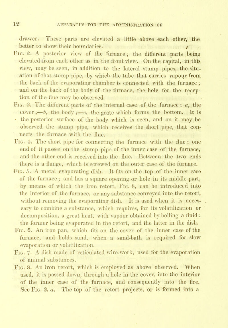 drawer. These parts are etevated a little above each other, the better to show their boundaries. / Fig. 2. A posterior view of the furnace; the different parts being elevated from each other as in the front view. On the capital, in this view, may be seen, in addition to the lateral stump pipes, the situ- ation of that stump pipe, by which the tube that carries vapour from the back of the evaporating chamber is connected with the furnace j and on the back of the body of the furnace, the hole for the recep- tion of the flue may be observed. Fig. 3. The different parts of the internal case of the furnace : «, the cover;—h, the body ;—c, the grate which forms the bottom. It is • the posterior sm'face of the body which is seen, and on it may be observed the stump pipe, which receives the short pipe, that con- nects the furnace with the flue. Fig. 4. The short pipe for connecting the furnace with the flue : one end of it passes on the stump pipe of the inner case of the furnace, and the other end is received into the flue. Between the two ends there is a flange, which is screwed on the outer case of the furnace. Fig. 5. A metal evaporating dish. It fits on the top of the inner case of the fmnace; and has a square opening or hole in its middle part, by means of which the iron retort, Fig. 8, can be introduced into the interior of the furnace, or any substance conveyed into the retort, without removing the evaporating dish. It is used when it is neces- . sary to combine a substance, which requires, for its volatilization or decomposition, a gi'eat heat, Avith vapour obtained by boiling a fluid : the former being evaporated in the retort, and the latter in the dish. Fig. 6. An iron pan, which fits on the cover of the inner case of the furnace, and holds sand, when a sand-bath is required for slow evaporation or volatilization. Fig. 7. A dish made of reticulated wire-work, used for the evaporation of animal substances. Fig. 8. An iron retort, which is employed as above observed. When used, it is passed down, through a hole in the cover, into the interior of the inner case of the furnace, and consequently into the fire. See Fig. 3. a. The top of the retort projects, or is formed into a
