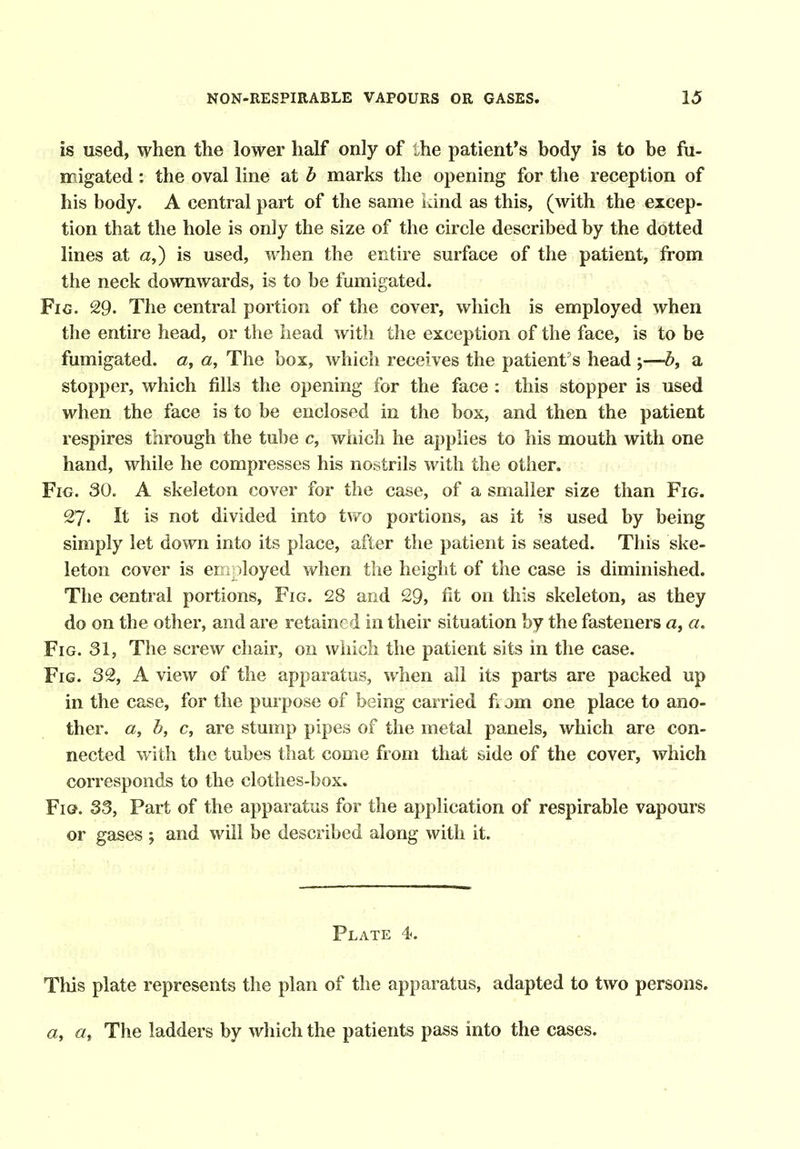 is used, when the lower half only of l.he patient's body is to be fu- migated : the oval line at h marks the opening for the reception of his body. A central part of the same ivind as this, (with the excep- tion that the hole is only the size of the circle described by the dotted lines at a,) is used, when the entire surface of the patient, from the neck downwards, is to be fumigated. Fic. 29. The central portion of the cover, which is employed when the entire head, or the head with the exception of the face, is to be fumigated. 0, «, The box, which receives the patient s head j—Z>, a stopper, which fills the opening for the face : this stopper is used when the face is to be enclosed in the box, and then the patient respires through the tube c, which he applies to his mouth with one hand, while he compresses his nostrils with the other. Fig. 30. A skeleton cover for the case, of a smaller size than Fig. 27. It is not divided into tv*^o portions, as it is used by being simply let down into its place, after the patient is seated. This ske- leton cover is employed when the height of the case is diminished. The central portions. Fig. 28 and 29, lit on this skeleton, as they do on the other, and are retained in their situation by the fasteners «, a. Fig. 31, The screw chair, on wiiicli the patient sits in the case. Fig. 32, A view of the apparatus, when all its parts are packed up in the case, for the purpose of being carried i\ jm one place to ano- ther. «, h, c, are stump pipes of the metal panels, which are con- nected with the tubes that come from that side of the cover, which corresponds to the clothes-box. Fio. 33, Fart of the apparatus for the application of respirable vapours or gases ; and will be described along with it. Plate 4. This plate represents the plan of the apparatus, adapted to two persons. a, a. The ladders by which the patients pass into the cases.