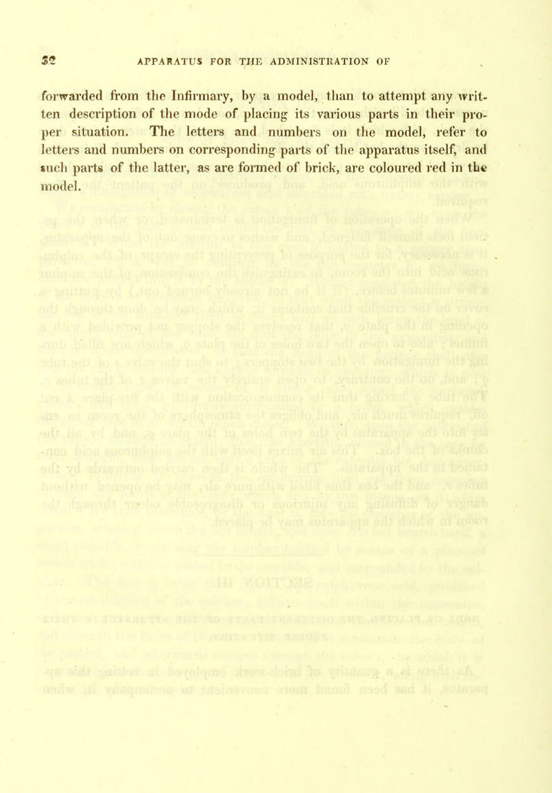 forwarded from the Infirmary, by a model, tlian to attempt any writ- ten description of the mode of placing its various parts in their pro- per situation. The letters and numbers on the model, refer to letters and numbers on corresponding parts of the apparatus itself, and $uch parts of the latter, as are formed of brick, are coloured red in the model.