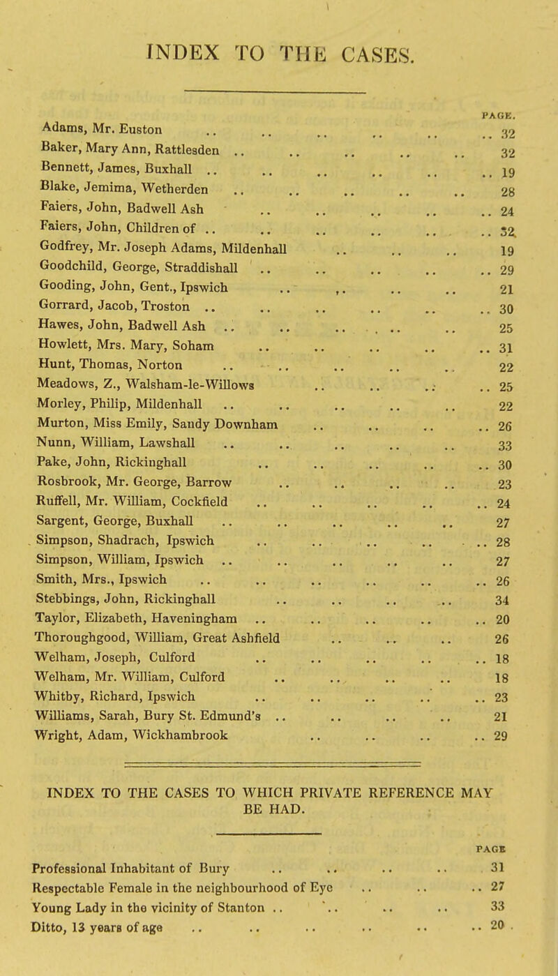 INDEX TO THE CASES. AUBQis, Mr. JciUston PAGE. .. .32 uaKer, Mary Ann, Rattleaden .. 32 uennett, James, liuxnall ..19 jjiaKe, Jemima, Wetnerden • • • • 2B Faiers, John, Badwell Ash .. 24 raiers, John, Children of .. ..32. uoatrey, Mr. Joseph Adams, Mildenhall 19 Ooodchild, George, Straddishall Gooding, John, Gent., Ipswich .. • * • • 2X Gorrard, Jacob, Troston .. ..30 tiawes, John, Badwell Ash 25 Howlett, Mrs. Mary, Soham • • *• 31 Hunt, Ihomas, Norton .. .. 22 Meadows, Z., Walsham-le-Willows ..25 Morley, Philip, Mildenhall 22 Murton, Miss iimily, Sandy Downham ..26 iNunn, William, Lawshall 33 rake, John, Kickinghall ..30 Kosbrook, Mr. George, Barrow .... 23 Kuftell, Mr. William, Cockfield .. 24 aargent, George, Buxhall 27 Simpson, Shadrach, Ipswich .. ., ..28 Simpson, William, Ipswich 27 Smith, Mrs., Ipswich ..26 Stebbings, John, Rickinghall 34 Taylor, Elizabeth, Haveningham ..20 Thoroughgood, William, Great Ashfield 26 Welham, Joseph, Culford ..18 Welham, Mr. William, Culford 18 Whitby, Richard, Ipswich ..23 Williams, Sarah, Bury St. Edmimd's .. 21 Wright, Adam, Wickhambrook ..29 INDEX TO THE CASES TO WHICH PRIVATE REFERENCE MAY BE HAD. PAGE Professional Inhabitant of Bury .. .. .. .. 31 Respectable Female in the neighbourhood of Eye .. .. .. 27 Young Lady in the vicinity of Stanton .. .. .. .. 33 Ditto, 13 years of age ,. .. .. .. .. .. 20 .
