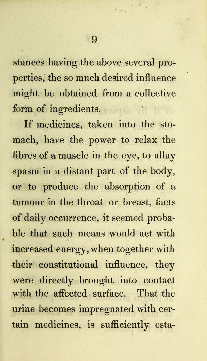 stances having the above several pro- perties, the so much desired influence might be obtained from a collective form of ingredients. If medicines, taken into the sto- mach, have the povrer to relax the fibres of a muscle in the eye, to allay spasm in a distant part of the body, or to produce the absorption of a tumour in the throat or breast, facts of daily occurrence, it seemed proba- ble that such means would act with increased energy, when together with their constitutional influence, they were directly brought into contact with the affected surface. That the urine becomes impregnated with cer- tain medicines, is sufficiently esta-