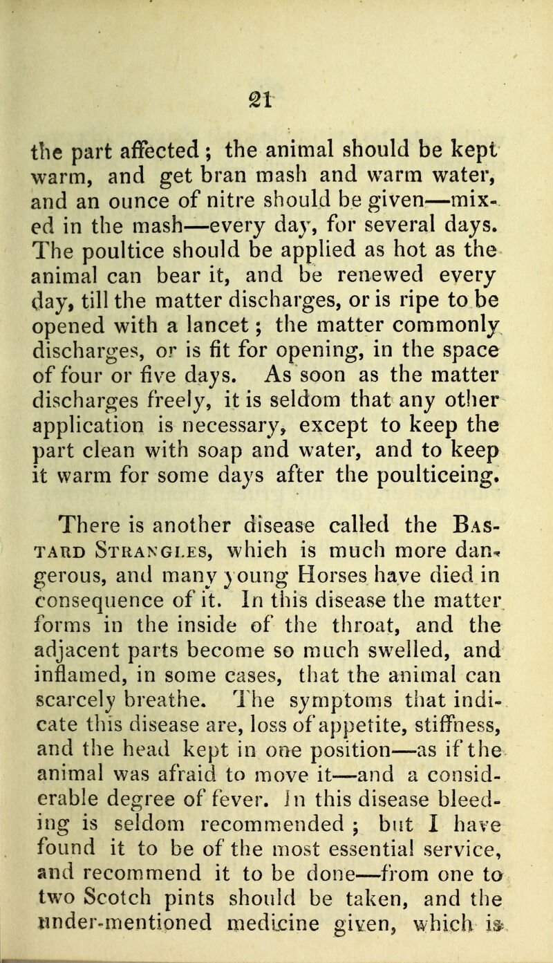 tlie part affected; the animal should be kept warm, and get bran mash and warm water, and an ounce of nitre should be given^—mix- ed in the mash—every day, for several days. The poultice should be applied as hot as the animal can bear it, and be renewed every day, till the matter discharges, or is ripe to be opened with a lancet; the matter commonly discharges, or is fit for opening, in the space of four or five days. As soon as the matter discharges freely, it is seldom that any other application is necessary, except to keep the part clean with soap and water, and to keep it warm for some days after the poulticeing. There is another disease called the Bas- tard Strangles, which is much more dan^ gerous, and many young Horses have died in consequence of it. In this disease the matter forms in the inside of the throat, and the adjacent parts become so much swelled, and inflamed, in some cases, that the animal can scarcely breathe. The symptoms that indi- cate this disease are, loss of appetite, stiffness, and the head kept in one position—as if the animal was afraid to move it—and a consid- erable degree of fever, i n this disease bleed- ing is seldom recommended ; but I have found it to be of the most essentia! service, and recommend it to be done—from one to two Scotch pints should be taken, and the luider-mentipned medicine given, which m-