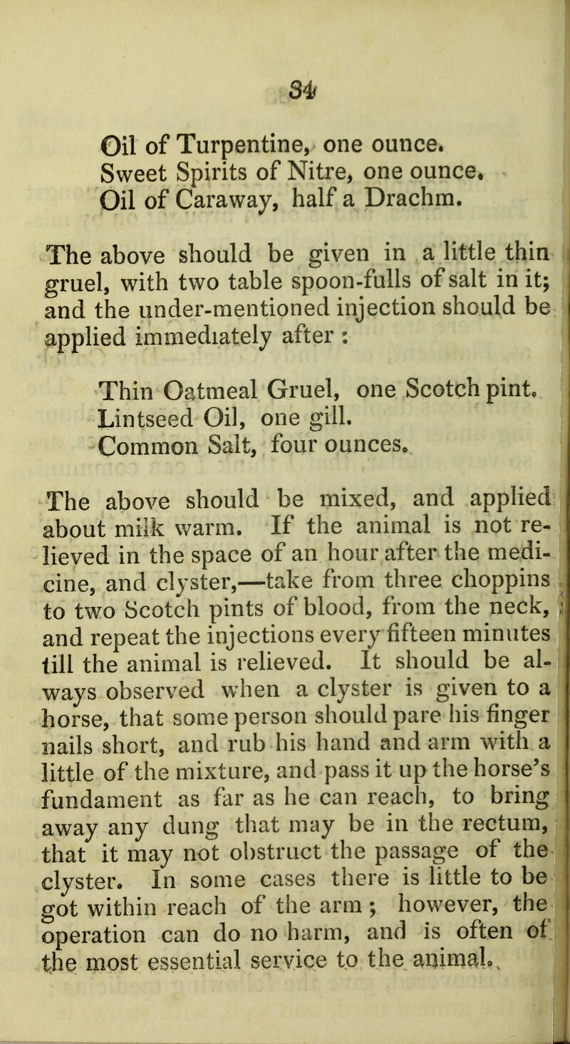 34f Gil of Turpentine, one ounce. Sweet Spirits of Nitre, one ounce* Oil of Caraway, half a Drachm. The above should be given in a little thin gruel, with two table spoon-fulls of salt in it; and the under-mentioned injection should be applied immediately after: Thin Oatmeal Gruel, one Scotch pint. Lintseed Oil, one gill. Common Salt, four ounces. The above should be mixed, and applied about milk warm. If the animal is not re- lieved in the space of an hour after the medi- cine, and clyster,—take from three choppins ^ to two Scotch pints of blood, from the neck, i and repeat the injections every fifteen minutes till the animal is relieved. It should be al- ways observed when a clyster is given to a horse, that some person should pare his finger nails short, and rub his hand and arm with a little of the mixture, and pass it up the horse's fundament as far as he can reach, to bring away any dung that may be in the rectum, that it may not obstruct the passage of the clyster. In some cases there is little to be got within reach of the arm; however, the | operation can do no harm, and is often of the most essential service to the animal. ^