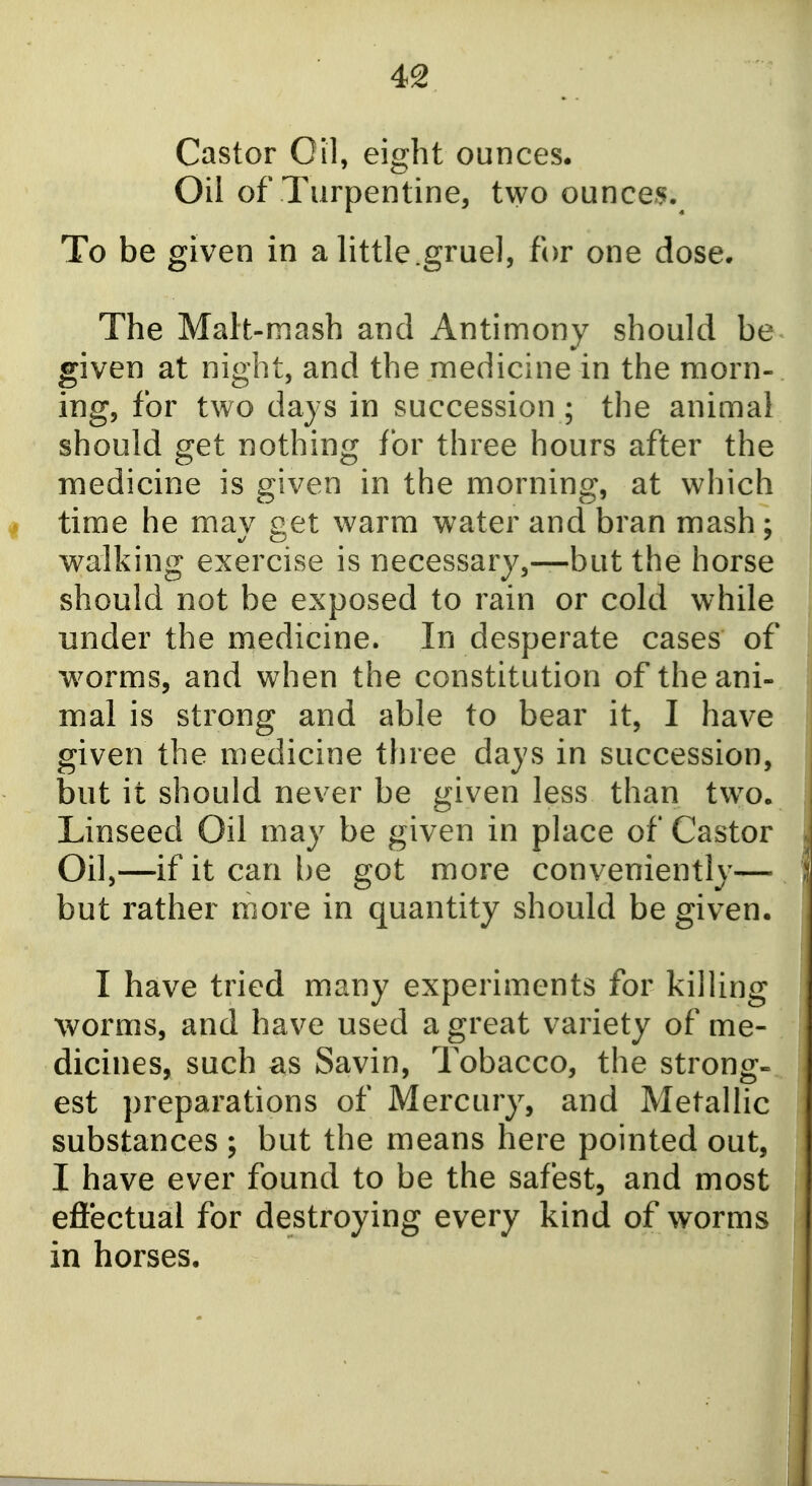 Castor Oil, eight ounces. Oil of Turpentine, two ounce^.^ To be given in a little.gruel, for one dose. The Malt-mash and Antimony should be given at night, and the medicine in the morn- ing, for two days in succession; the animal should get nothing for three hours after the medicine is given in the morning, at which time he may get warm water and bran mash; walking exercise is necessary,—but the horse should not be exposed to rain or cold while under the medicine. In desperate cases of w^orms, and when the constitution of the ani- mal is strong and able to bear it, I have given the medicine three days in succession, but it should never be given less than two. Linseed Oil may be given in place of Castor Oil,—if it can be got more conveniently— but rather more in quantity should be given. I have tried many experiments for killing worms, and have used a great variety of me- dicines, such as Savin, Tobacco, the strong- est preparations of Mercury, and Metallic substances ; but the means here pointed out, I have ever found to be the safest, and most effectual for destroying every kind of worms in horses.