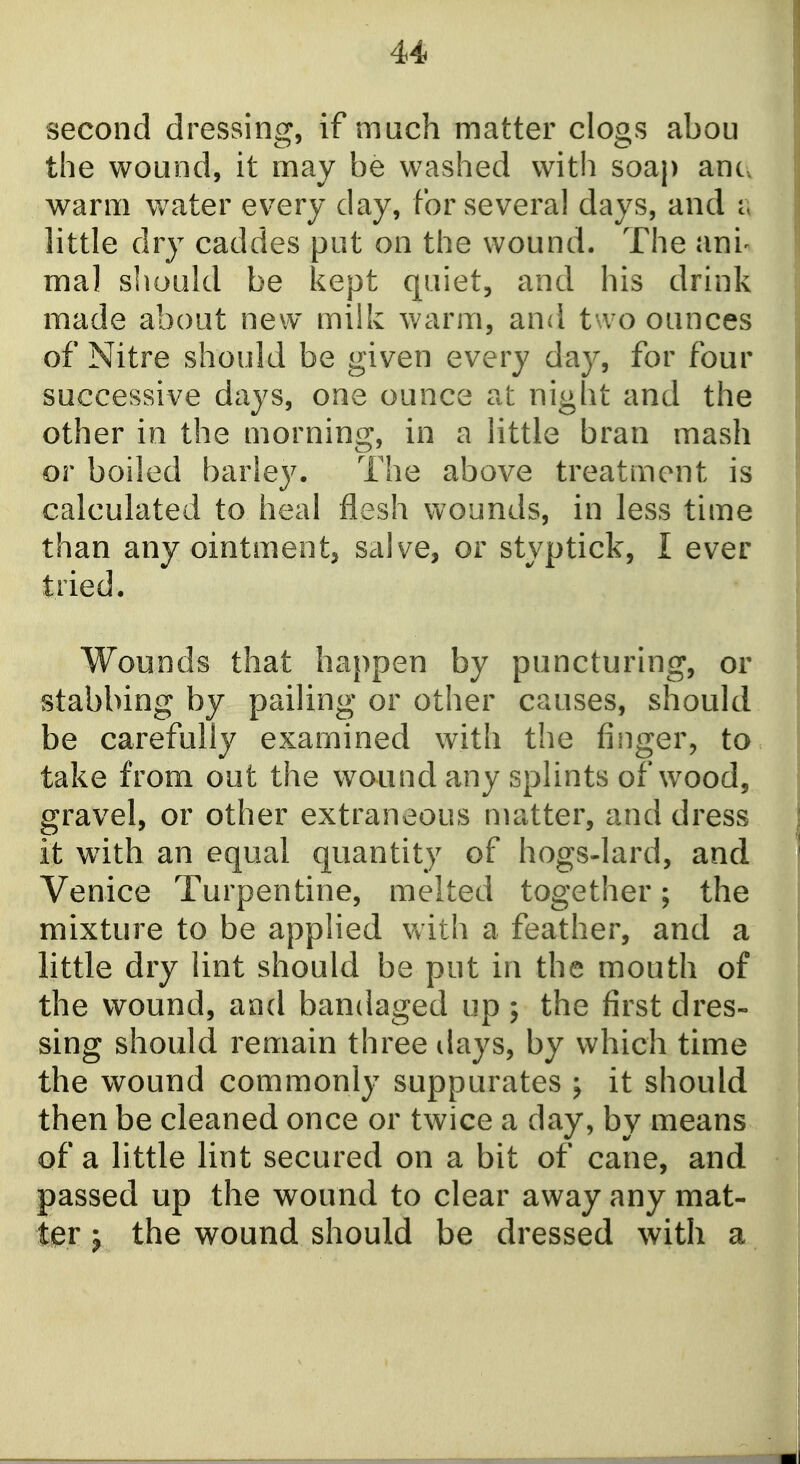 second dressing, if much matter clogs aboii the wound, it may be washed with soap ant. warm waiter every day, for several days, and i little dry caddes put on the wound. The ani- ma] sliould be kept quiet, and his drink made about new milk warm, and two ounces of Nitre should be given every day, for four successive days, one ounce at night and the other in the morning, in a little bran mash or boiled barley. The above treatment is calculated to heal flesh wounds, in less time than any ointment^ salve, or styptick, I ever tried. Wounds that happen by puncturing, or stabbing by pailing or other causes, should be carefully examined with the finger, to take from out the wound any splints of wood, gravel, or other extraneous matter, and dress it with an equal quantity of hogs-lard, and Venice Turpentine, melted together; the mixture to be applied Vvith a feather, and a little dry lint should be put in the mouth of the wound, and bandaged up ; the first dres- sing should remain three ilays, by which time the wound commonly suppurates ; it should then be cleaned once or twice a day, by means of a little lint secured on a bit of cane, and passed up the wound to clear away any mat- ter J the wound should be dressed with a