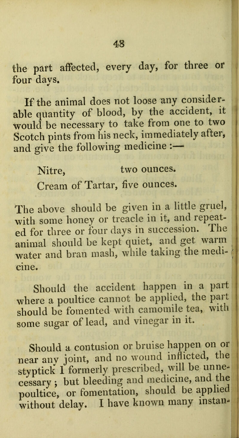 4S the part afFected, every day, for three or four davs. If the animal does not loose any consider- able quantity of blood, by the accident, it would be necessary to take from one to two Scotch pints from his neck, immediately after, and give the following medicine Nitre, two ounces. Cream of Tartar, five ounces. The above should be given in a little gruel, with some honey or treacle in it, and repeat- ed for three or four days in succession. The animal should be kept quiet, and get warm water and bran mash, while taking the medi-; cine. Should the accident happen in a part where a poultice cannot be applied, the part should be fomented with camomile tea, with some sugar of lead, and vinegar in it. Should a contusion or bruise happen on or near any joint, and no wound inflicted, the stvptick 1 formerly prescribed, will be unne- cessary ; but bleeding and medicine, and the; poultice, or fomentation, should be applied without delay. I have known many instan-