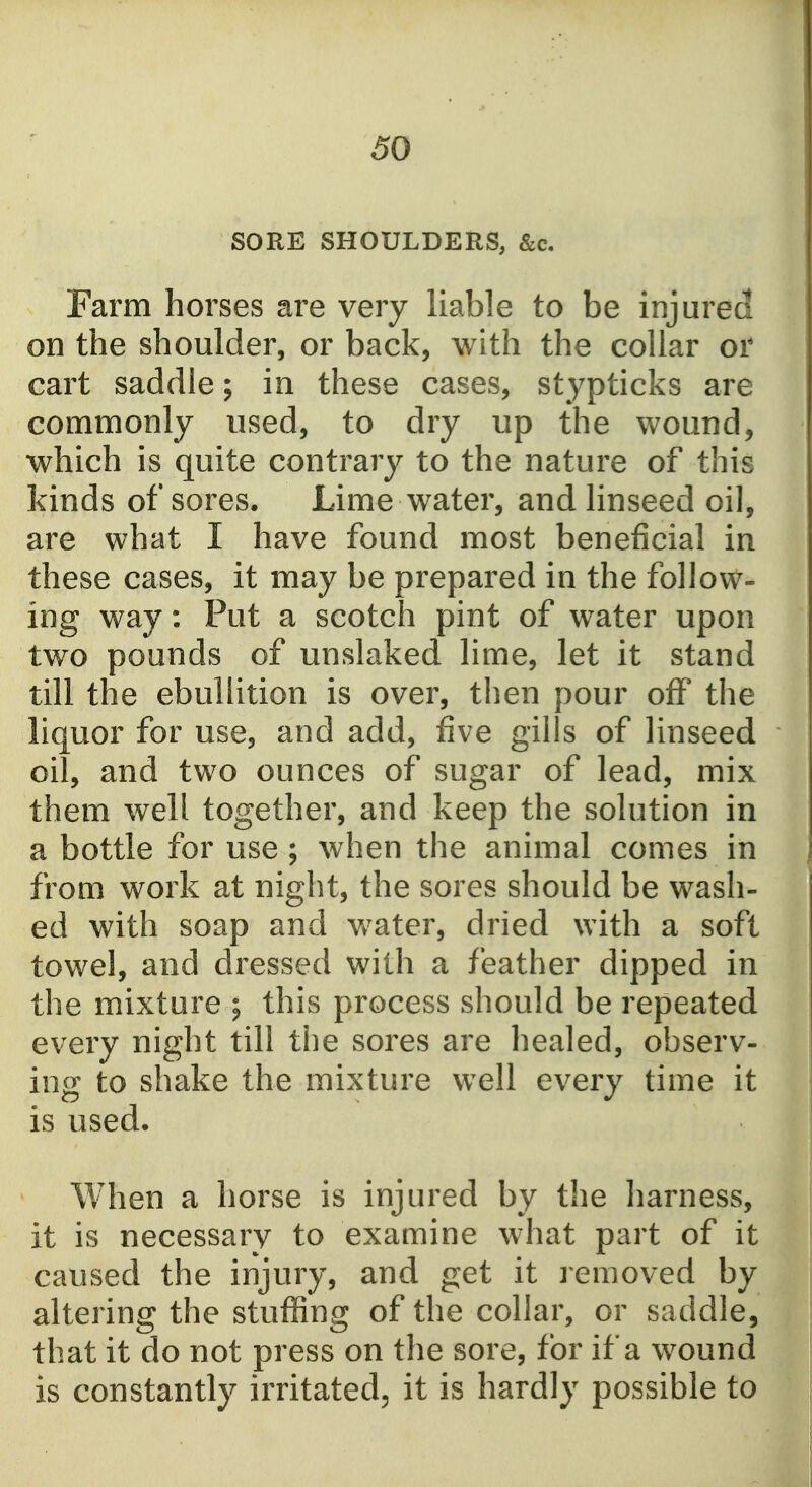 30 SORE SHOULDERS, &c. Farm horses are very liable to be injured on the shoulder, or back, with the collar or cart saddle; in these cases, stypticks are commonly used, to dry up the wound, which is quite contrary to the nature of this kinds of sores. Lime water, and linseed oil, are what I have found most beneficial in these cases, it may be prepared in the follow- ing way: Put a scotch pint of water upon two pounds of unslaked lime, let it stand till the ebullition is over, then pour off the liquor for use, and add, five gills of linseed oil, and two ounces of sugar of lead, mix them well together, and keep the solution in a bottle for use ; when the animal comes in from work at night, the sores should be wash- ed with soap and vvater, dried with a soft towel, and dressed with a feather dipped in the mixture ; this process should be repeated every night till the sores are healed, observ- ing to shake the mixture well every time it is used. When a horse is injured by the harness, it is necessary to examine what part of it caused the injury, and get it removed by altering the stuffing of the collar, or saddle, that it do not press on the sore, for if a wound is constantly irritated^ it is hardly possible to