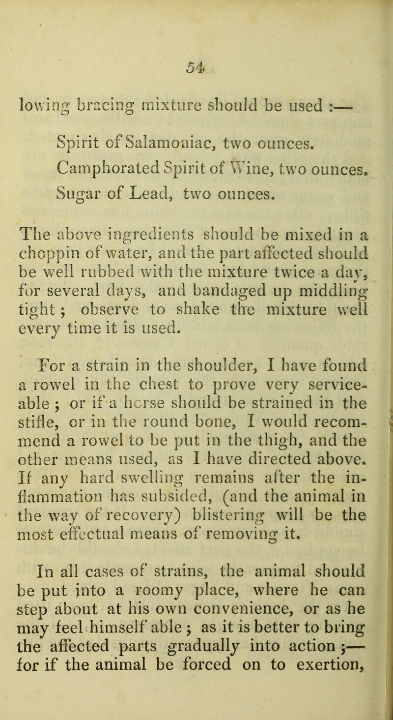 lowing bracing iTiixture should be used :— Spirit of Salamoiiiac, two ounces. Camphorated Spirit of Wine, two ounces* Sugar of Lead, two ounces. The above ingredients should be mixed in a choppin of water, and the part affected should be well rubbed with the mixture twice a day, fur several days, and bandaged up middling tight; observe to shake the mixture well every time it is used. For a strain in the shoulder, I have found a rowel in the chest to prove very service- able ; or if a hcrse should be strained in the stifle, or in the round bone, I would recom- mend a rowel to be put in the thigh, and the other means used, as I have directed above. If any hard swelling remains after the in- flammation has subsided, (and the animal in the way of recovery) blistering will be the most effectual means of removing it. In all cases of strains, the animal should be put into a roomy place, where he can step about at his own convenience, or as he may feel himself able ; as it is better to bring the affected parts gradually into action ;— for if the animal be forced on to exertion.