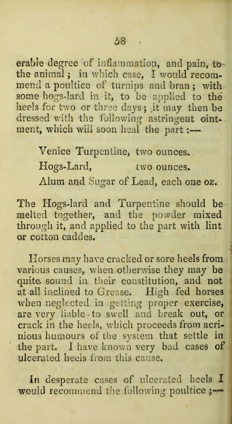68 arable degree of infiammation, and pain, tb the animal j in which case, I would recom- mend a poultice of turnips and bran ; with some hogs»lard in it, to be applied to the keels for two or three days ; .it may then be dressed with the following astringent oint- ment, which wiii soon heal the part:— Venice Turpentine, two ounces. Hogs-Lard, two ounces. Alum and Sugar of Lead, each one oz. The Hogs-lard and Turpentine should be Duelled together, and the powder mixed through it, and applied to the part with lint or cotton caddes. Korses may have cracked or sore heels from various causes^ wnien otherwise they may be quite, sound in tlicir constitution, and not at all inclined to Grease, High fed horses when neglected in getting proper exercise, are very liable to swell and break out, or crack in the heels, which proceeds from acri- niom humours of tlie system that settle in the part. 1 have known very bad cases of ulcerated heels from this cause. in desperate cases of ulceraLed heels I would recommend the following poultice