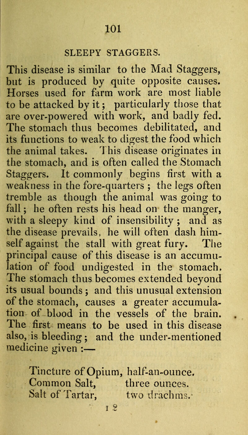 SLEEPY STAGGERS. This disease is similar to the Mad Staggers, but is produced by quite opposite causes. Horses used for farm work are most liable to be attacked by it; particularly those that are over-powered with work, and badly fed. The stomach thus becomes debilitated, and its functions to weak to digest the food which the animal takes. This disease originates in the stomach, and is often called the Stomach Staggers. It commonly begins first with a weakness in the fore-quarters ; the legs often tremble as though the animal was going to fall; he often rests his head on the manger, with a sleepy kind of insensibility ; and as the disease prevails, he will often dash him- self against the stall with great fury. The principal cause of this disease is an accumu- lation of food undigested in the stomach. The stomach thus becomes extended beyond its usual bounds ; and this unusual extension of the stomach, causes a greater accumula- tion of blood in the vessels of the brain. The first means to be used in this disease also, is bleeding; and the under-mentioned medicine given :— Tincture of Opium, half-an-ounce. Common Salt, three ounces. Salt of Tartar, two drachms.-