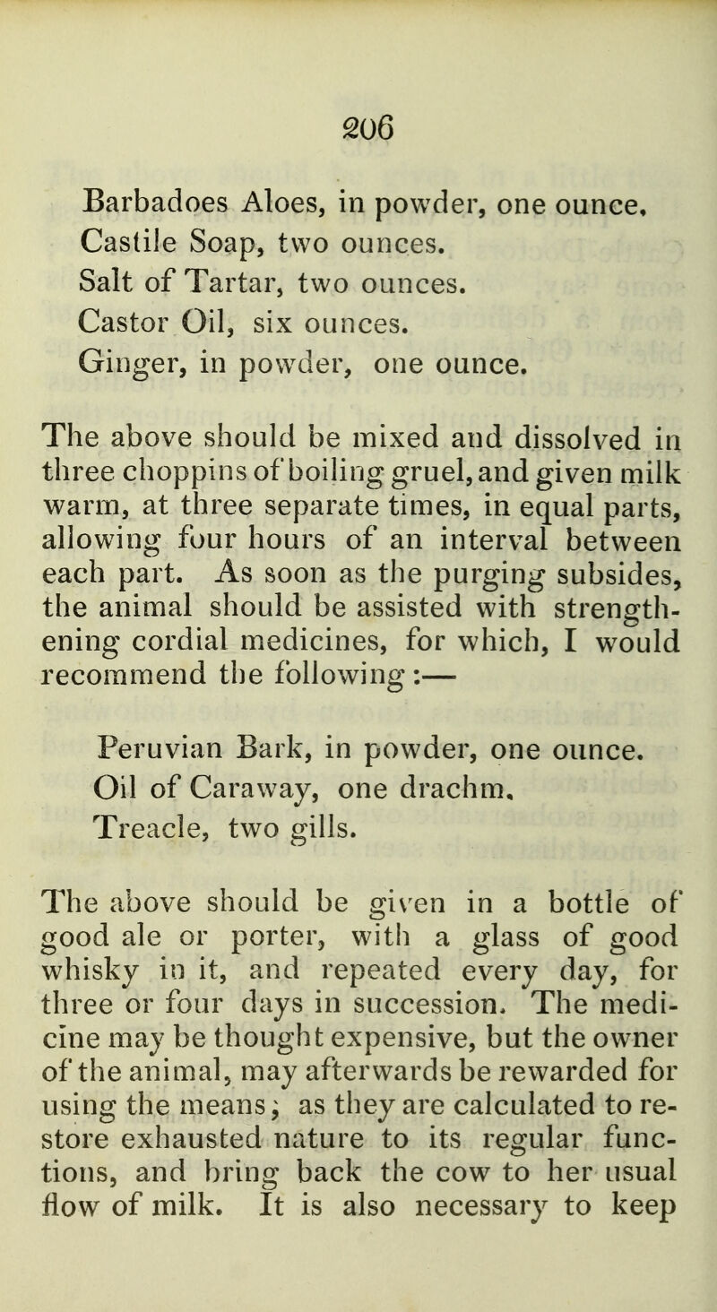 Barbadoes Aloes, in powder, one ounce, Castile Soap, two ounces. Salt of Tartar, two ounces. Castor Oil, six ounces. Ginger, in powder, one ounce. The above should be mixed and dissolved in three choppins of boiling gruel, and given milk warm, at three separate times, in equal parts, allowing four hours of an interval between each part. As soon as the purging subsides, the animal should be assisted with strength- ening cordial medicines, for which, I would recommend the following :— Peruvian Bark, in powder, one ounce. Oil of Caraway, one drachm. Treacle, two gills. The above should be given in a bottle of good ale or porter, with a glass of good whisky in it, and repeated every day, for three or four days in succession. The medi- cine may be thought expensive, but the owner of the animalj may afterwards be rewarded for using the means; as they are calculated to re- store exhausted nature to its regular func- tions, and bring back the cow to her usual flow of milk. It is also necessary to keep