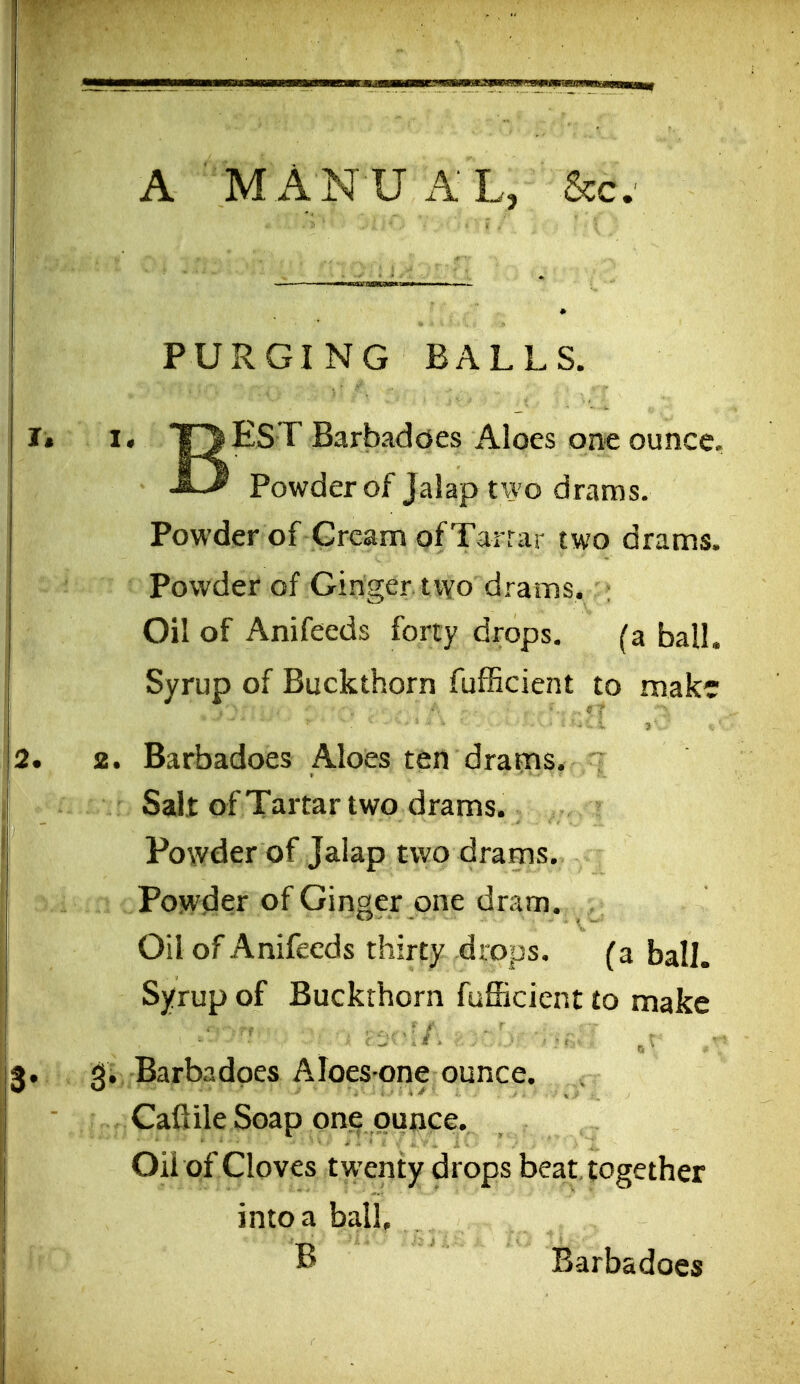 A ■ M A N U AL, &c. PURGING BALLS. • B Est Barbaddes Aloes one ounce. Powderof jalap two draras. Powder of Gream of Tarrar two drams. Powder of Ginger two drams. Oil of Anifeeds forty drops. (a balL Syrup of Buckthorn fufficient to make 2. 2. Barbadoes Aloes ten drams. Sal t of Tartar two drams. Powder of Jalap two drams. Powder of Ginger one dram. Oil of Anifeeds thirty drops, (a ball. Syrup of Buckthorn fufficient to make 3. 3. Barbadoes Aloes one ounce. Cafiile Soap one ounce. Oil of Cloves twxnty drops beat together into a balL B Barbadoes