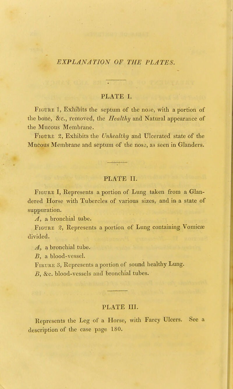 EXPLANATION OF THE PLATES. PLATE I. FiGU&E 1, Exhibits the septum of the nose, with a portion of the bone, &c., I'emoved, the Healthy and Natural appearance of the Mucous Membrane. FiGtJRE 2, Exhibits the Unhealthy and Ulcerated state of the Mucous Membrane and septum of the nose, as seen in Glanders. PLATE IL Figure I, Represents a portion of Lung taken from a Glan- dered Horse with Tubercles of various sizes, and in a state of suppuration. A, a bronchial tube. Figure 2, Represents a portion of Lung containing Vomicae divided. A, a bronchial tube. B, a blood-vessel. Firure 3, Represents a portion of sound healthy Lung. B, &c. blood-vessels and bronchial tubes. PLATE in. Represents the Leg of a Horse, with Farcy Ulcers. See a description of the case page 180.