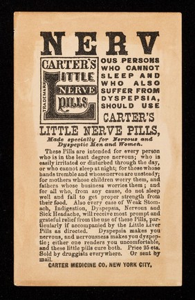 Carter's Little Nerve Pills for the nervous & dyspeptic : find - cow, owl, fox, frog, parrot, horse, lizard, goose, man smoking pipe, rooster crowing, General Grant, Romeo and Juliet ... / Carter Medicine Co.