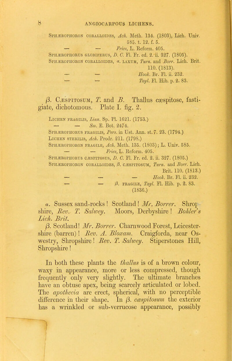 Sph^bophokon coealxoides, Ach. Metli. 134. (1803), Lich. Univ. 585. t. 12. f. 5. — — Fries, L. Reform. 405. Sph^bophortjs globiferus, D. C. M. Fr. ed. 2. ii. 327. (1805). SPHiBBOPHOBON COBALLOIDES, a. laxum, Turn, and Borr. Lich. Brit. 110. (1813). — — Hook. Br. M. ii. 232. — — Tai/l. m. Hib. p. 2. 83. j3. C^spiTosuM, T. and B. Thallus caespitose, fasti- giate, dichotomous. Plate I. fig. 2. Lichen fba&ilis, Linn. Sp. PI. 1621. (1753.) — — Sm. E. Bot. 2474. Sph^bophobtjs EBAGiLis, Pers. in Ust. Ann. st. 7. 23. (1794.) Lichen stebilis, dch. Prodr. 211. (1798.) Sph^kophobon fragile, Ach. Metli. 135. (1803); L. Univ. 585. — — Fries, L. Reform. 405. SPHiEBoPHOBUs c^spiTOSHS, B. C. El. Er. ed. 2. ii. 327. (1805.) SpHjEBOPhobon cOEAiiLOiDES, /3. cffiSPiTOSTJM, Tum. and Borr. Lich. Brit. 110. (1813.) -- — — Hook. Br. EI. ii. 232. — —• /3. FEAGiiE, Tayl. El. Hib. p. 2. 83. (1836.) a. Sussex sand-rocks ! Scotland ! Mr. Borrer. Shrop - shire, Rev. T. Salwey. Moors, Derbyshii'e ! Bolder s Lich. Brit. /3. Scotland! Mr. Borrer. Charnwood Forest, Leicester- shire (barren)! Bev. A. Bloxam. Craigforda, near Os- westry, Shropshire! Bev. T. Salwey. Stiperstones Hill, Shropshire! In both these plants the thallus is of a brown colom*, waxy in appearance, more or less compressed, though frequently only very slightly. The ultimate branches have an obtuse apex, being scarcely articulated or lobed. The apothecia are erect, spherical, with no perceptible difference in their shape. In j3. ccespitosum the exterior has a wrinkled or sub-verrucose appearance, possibly