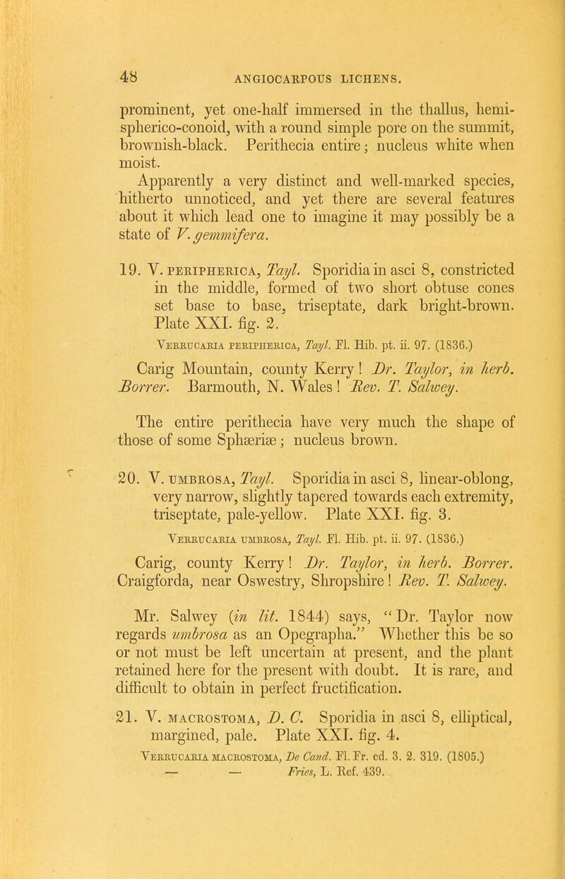 prominent, yet one-half immersed in the thallus, hemi- spherico-conoidj with a round simple pore on the summit, brownish-black. Perithecia entire; nucleus Avhite when moist. Apparently a very distinct and well-marked species, hitherto unnoticed, and yet there are several features about it wliich lead one to imagine it may possibly be a state of V. gemmifera. 19. V. PERiPHERicA, Tayl. Sporidia in asci 8, constricted in the middle, formed of two short obtuse cones set base to base, triseptate, dark bright-brown. Plate XXL fig. 2. Vebbucaria PEEiPHEBiCA, Tayl. ri. Hib. pt. ii. 97. (1836.) Carig Mountain, county Kerry! Dr. Taylor, in herb. JBorrer. Barmouth, N. Wales ! Bev. T. Salwey. The entire perithecia have very much the shape of those of some Sphserise; nucleus brown. 20. V. UMBROSA, Tayl. Sporidia in asci 8, linear-oblong, very narrow, slightly tapered towards each extremity, triseptate, pale-yellow. Plate XXI. fig. 3. VEBEtrcAMA UMBEOSA, Tayl. M. Hib. pt. ii. 97. (1836.) Carig, county Kerry! Dr. Taylor, in herb. Borrer. Craigforda, near Oswestry, Shropshire! Bev. T. Salwey. Mr. Salwey {in lit. 1844) says, Dr. Taylor now regards mnbrosa as an Opegrapha. Whether tliis be so or not must be left uncertain at present, and the plant retained here for the present with doubt. It is rare, and difficult to obtain in perfect fructification. 21. V. MACRosTOMA, D. C. SpoHdia in asci 8, elliptical, margined, pale. Plate XXI. fig. 4. Verrucaeia MACROSTOMA, Be Ctttid. El. Fr. ed. 3. 2. 319. (1805.) _ _ Fries, L. Ref. 439.