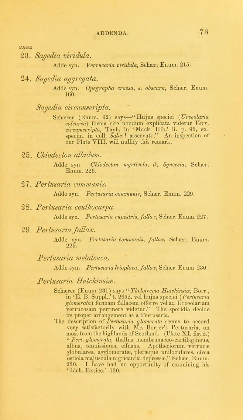 PAGE 23. Sagedia viridula. Adde syn. Verrucaria viridula^ Schajr. Enum. 215. 24. Sagedia aggregata. Adde syn. OpegrapTia crassa, a. obscura, Sch£er. Enum. 160. Sagedia circumscripta. Schaerer (Enum. 92) says—Hujus specie! {Urceolaria calcarea) forma rite nondum explicata videtur Verr. circumscripta, Tayl., in 'Mack. Hib.' ii. p. 96, ex. specim. in coll. Salw.! asservato. An inspection of our Plate VIII. will nullify this remark. 25. Chiodecton alhidum. Adde syn. Chiodecton myrticola, f3, Syncesia, Schajr. Enum. 226. 27. Pertusaria communis. Adde syn. Pertusaria communis, Schsar. Enum. 229. 28. Pertusaria ceutliocarpa. Adde syn. Pertusaria rupestris, fallax, Schaar. Enum. 227. 29. Pertusaria fallax. Adde syn. Pertusaria communis, fallax, Schser. Enum. 229. Pertusaria melalenca. Adde syn. Pertusaria leioplaca, fallax, Schasr. Enum. 230. Pertusaria Uutcldnsice. Schserer (Enum. 231) says Thelotrema Huteliinsice, Borr., in 'E. B. Suppl.,'t. 2652. vel hujus speciei (^Pertusaria glomerata) formam fallacem offerre vel ad Urceolariam verrucosam pertinere videtur. The sporidia decide its proper arrangement as a Pertusaria. The description o£ Pertusai-ia glomerata seems to accord very satisfactorily with Mr. Borrer's Pertusaria, on moss from the highlands of Scotland. (Plate XI. fig. 2.)  Pert, glomerata, thallus membranaceo-cartil.igineus, albus, tenuissimus, cffusus. Apotheciorum verructe globuliires, agglomerata;, plerteque uniloculares, circa ostiola majuscula nigricantia dej)ressa2. Schasr. Kiuun. 230. I have had no opportunity of examining his 'Lich. Exsicc' 120.