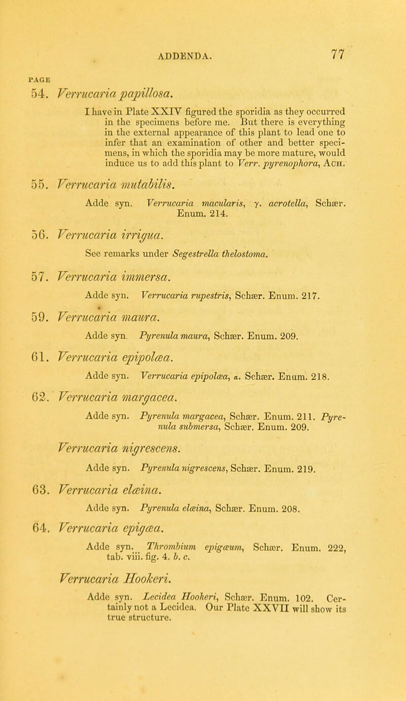 PAGE 54. Verrucaria papillosa. I have in Plate XXIY figured the sporidia as they occuiTcd in the specimens before me. But there is everything in the external appearance of this plant to lead one to infer that an examination of other and better speci- mens, in which the sporidia may be more mature, would induce us to add this plant to Verr. pyrenophora, Ach. 55. Verrucaria mittabilis. Adde syn. Verrucaria macularis, y. acrotella, Schasr. Enum. 214. 56. Vermcaria irrigua. See remarks under Segestrella ihelostoma. 57. Verrucaria immersa. Adde syn. Verrucaria rupestris, Schser. Enum. 217. 59. Verrucaria maura. Adde syn. Pyrenula maura, Schser. Enum. 209. 61. Verrucaria epipolma. Adde syn. Verrucaria epipolcea, «. Scliasr. Enum. 218. 62. Verrucaria margacea. Adde syn. Pyrenula margacea, Schffir. Enum. 211. Pyre- nula submersa, Scha3r. Enum. 209. Verrucaria nigrescens. Adde syn. Pyrenula nigrescens, Schser. Enum. 219. 63. Verrucaria elccina. Adde syn. Pyrenula elceina, Scha3r. Enum. 208. 64. Verrucaria epigcea. Adde syn. Thromhium epigaum, Scha;r. Enum. 222, tab. viii. fig. 4. b. c. Verrucaria Hooheri. Adde syn. Lecidea Hoolieri, Scha3r. Enum. 102. Cer- tainly not a Lecidea. Our Plate XXVII will show its true structure.