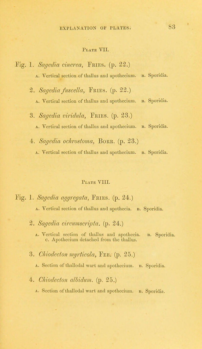 Plate VII. 1. Sagedia cinerea, Fries, (p. 22.) A. Vertical section of tliallus and apothecium. b. Sporidia. 2. Sagedia fuscella, Pries, (p. 22.) A. Vertical section of thallus and apothecium. b. Sporidia. 3. Sagedia viridida, Fries, (p. 23.) A. Vertical section of thallus and apothecium. b. Sporidia. 4. Sagedia ochrostoma, Borr. (p. 23.) A. Vertical section of thallus and apothecium. b. Sporidia. Plate Vin. 1. Sagedia aggregata. Fries, (p. 24.) A. Vertical section of thallus and apothecia. b. Sporidia. 2. Sagedia circumscripta, (p. 24.) A. Vertical section of thallus and apothecia, b. Sporidia. c. Apothecium detached from the thallus. 3. Ch iodecion myrticola, Fe e . (p. 25.) A. Section of thallodal wart and apothecium. b. Sporidia. 4. Chiodecton alhidum. (p. 25.) A. Section of thallodal wart and apothecium. b. Sporidia.